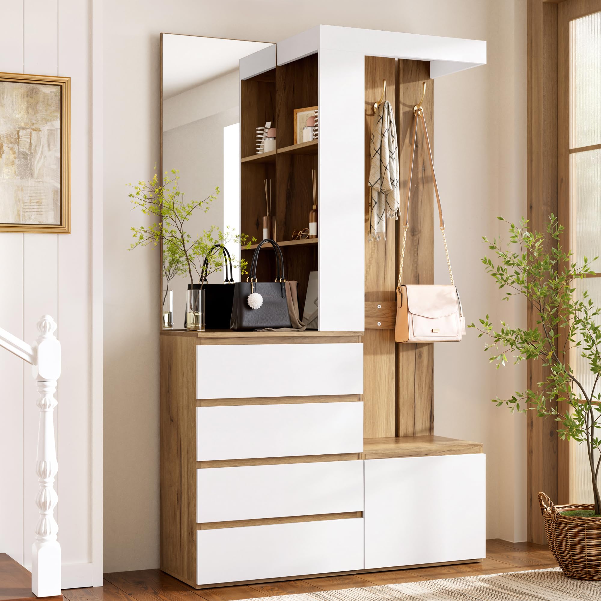 Set guardaroba con specchio, 4 cassetti e ganci, combinazione corridoio con 1 anta e vano portaoggetti, molto spazio per corridoio e ingresso, 100 x 35 x 180 cm, bianco e naturale