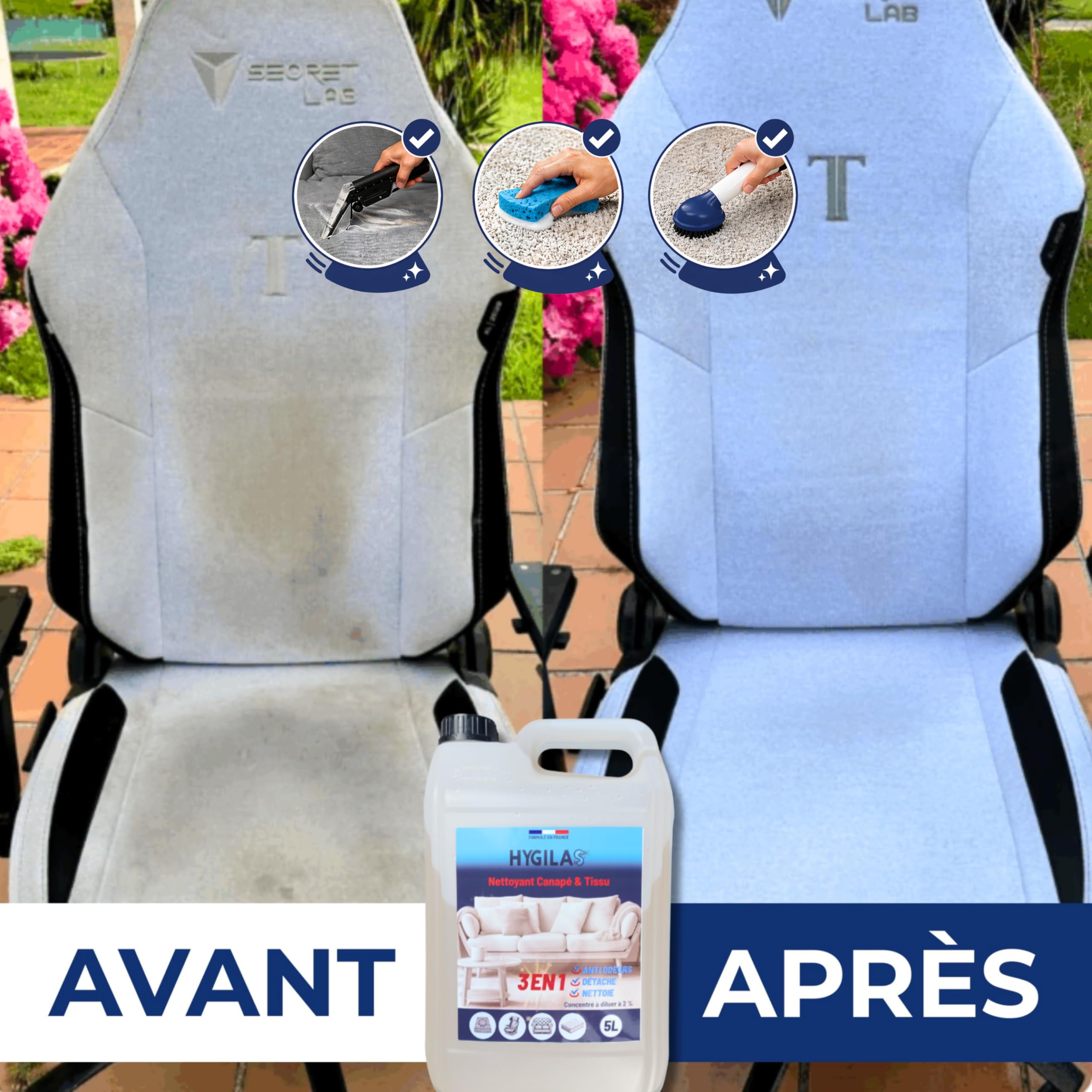 HYGILAS Nettoyant Canapé & Tissu, Professionnel 5L - Concentré à Diluer - Compatible Injection/Extraction & Shampouineuse - Matelas, Tapis, Moquette