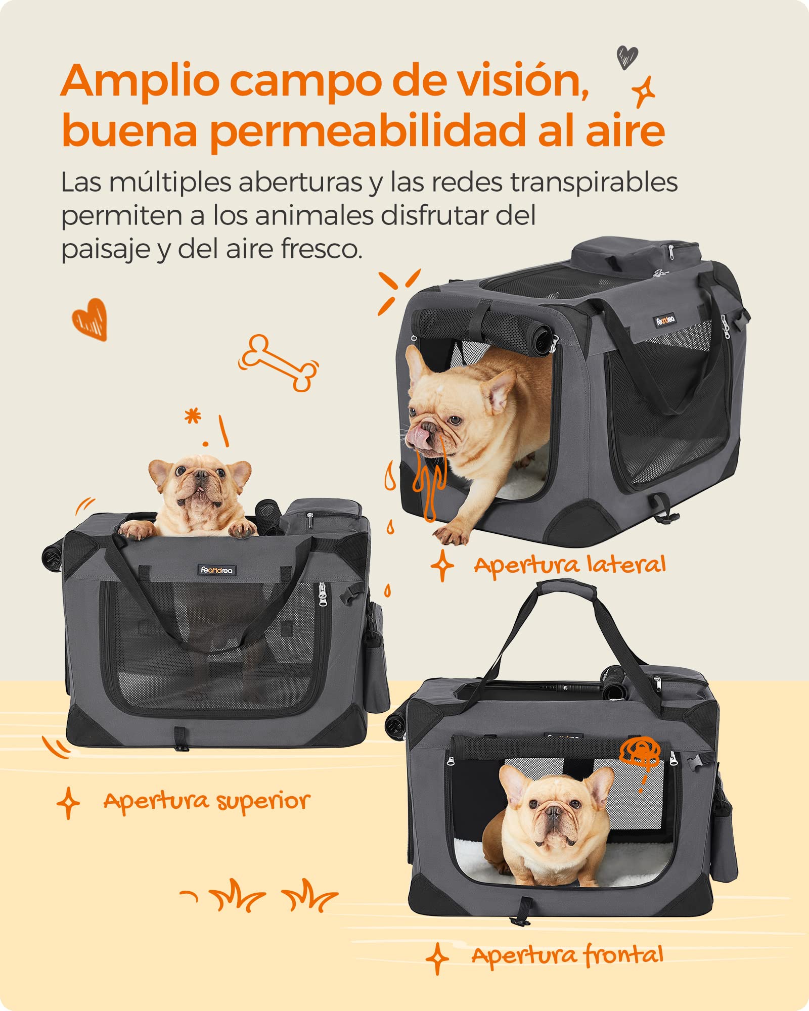 FEANDREA Transportín para Gatos y Perros, Plegable, Tamaño M, Tela Oxford, Malla Transpirable, Portátil, Marco Metálico, con Asas y Bolsillos, 60 x 42 x 42 cm, Gris PDC60GY