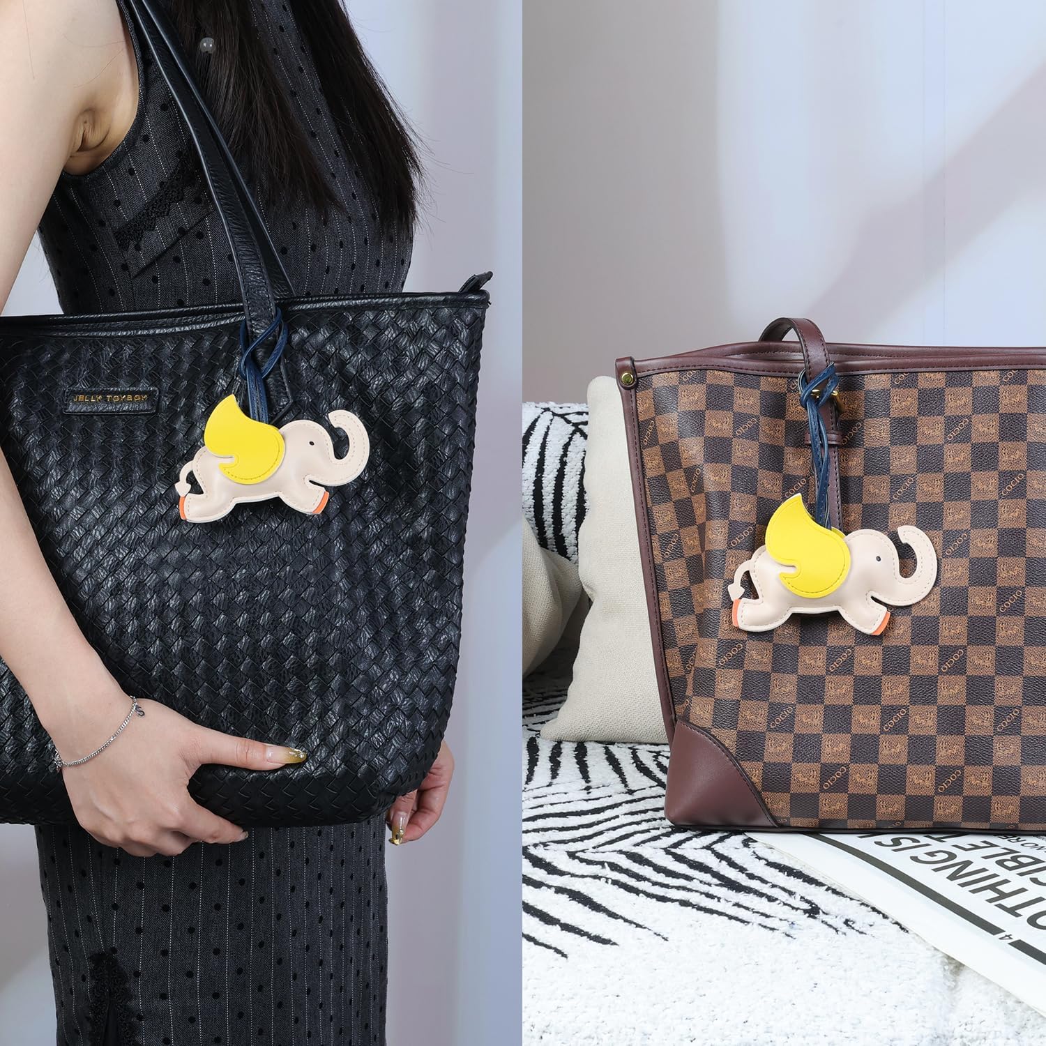 Cute Elephant Bag Charm Keychain, Faux Leather, 8.66 x 4.7 inches, Beige with Yellow Accents - Image 5