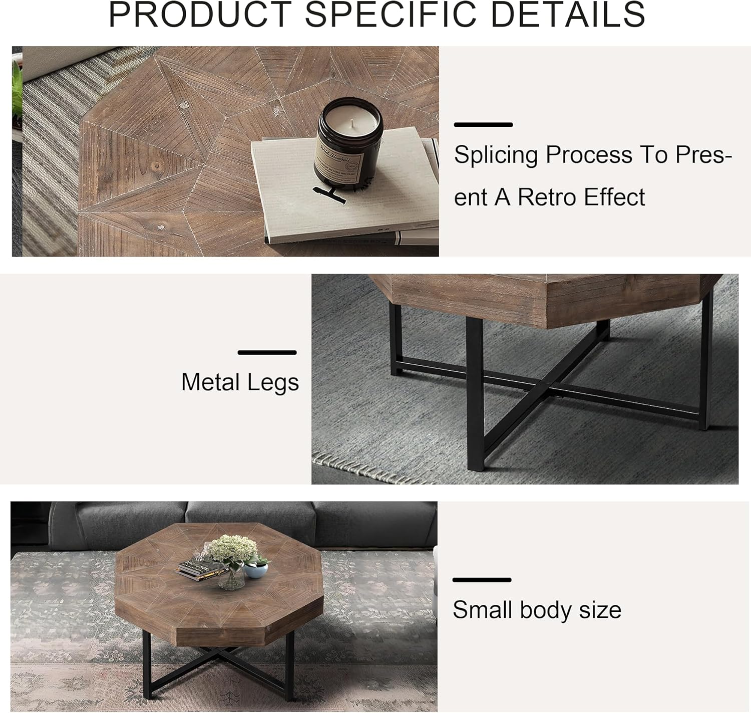 HomVent Wood Octagonal Coffee Table Vintage Farmhouse 30 Inch Wooden Table Top Cross Metal Legs Coffee Table for Living Room (Brown)