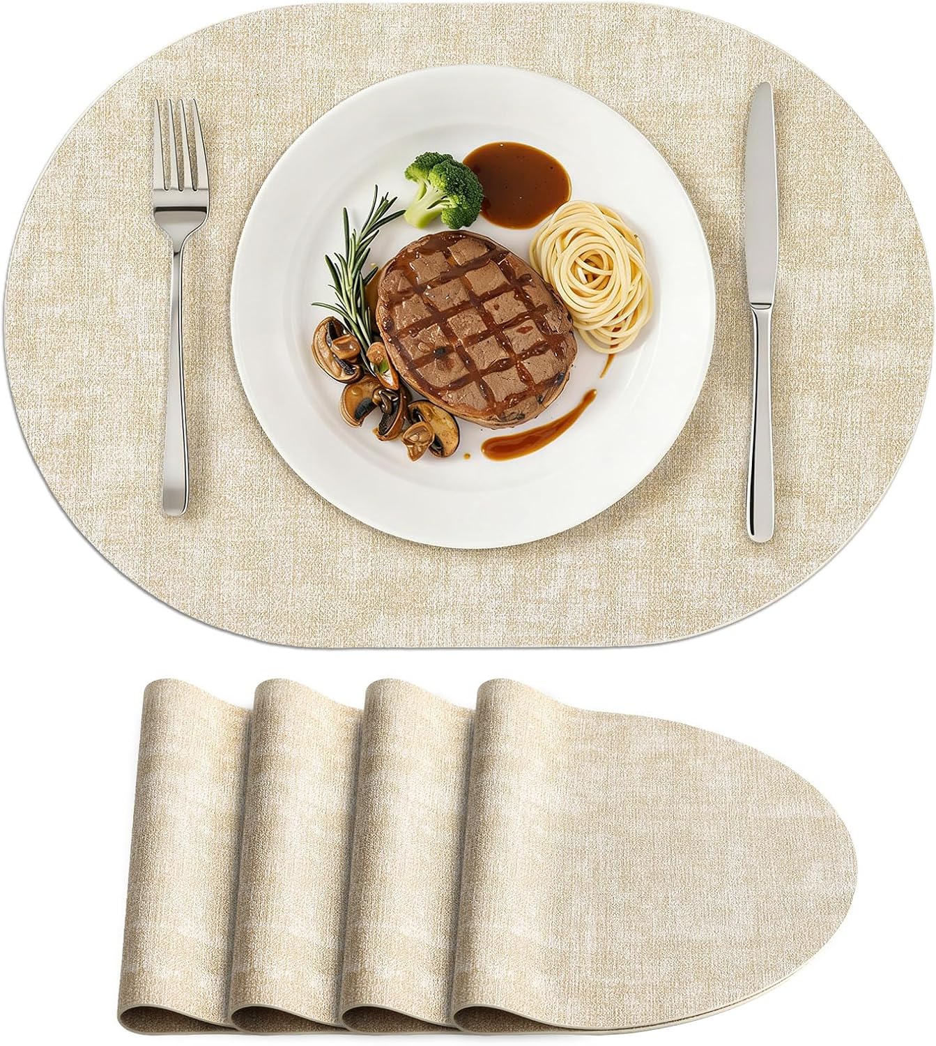 homing Placemats Set of 4, Heat Resistant Oval Faux Leather Place Mats 11.8 x 17 Inch, Waterproof Wipeable Reversible PU Placemat for Kitchen Dining Table, Indoor & Outdoor, Beige