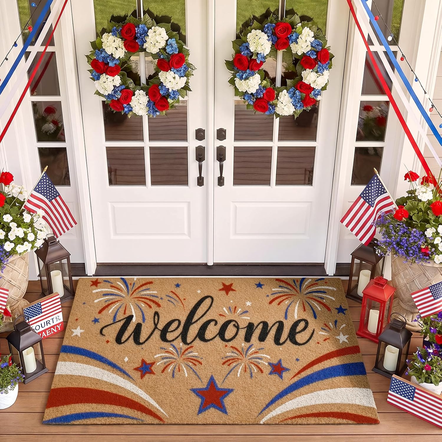 Gifeas 4th of July Patriotic Door Mat, 17x30 Red White Blue Fireworks Welcome Mat with Heavy Duty Backing, Faux Coco Coir Doormat for Independence Day Home Porch Garage Farmhouse Funny Decor