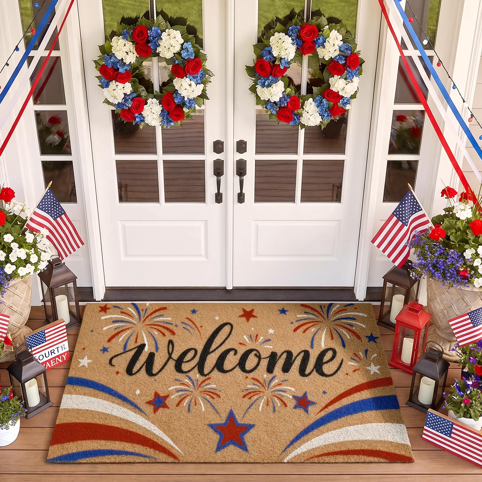 Photo 1 of Gifeas 4th of July Patriotic Door Mat, 17x30 Red White Blue Fireworks Welcome Mat with Heavy Duty Backing, Faux Coco Coir Doormat for Independence Day Home Porch Garage Farmhouse Funny Decor