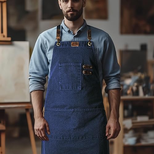 Miniatura 8 de LEATHER VILLAGE Delantales de chef para hombres y mujeres con bolsillos grandes, delantal de trabajo ajustable de lona de algodón con espalda