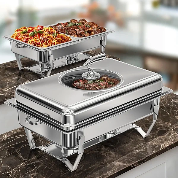 WARMOUNTS Rectangular Chafing Dishes for Buffet with Glass Lid (9QT, 2 Pack), Large Chafers and Buffet Warmers Set w/Mirror-Polished Stainless Steel, Rolled Rim, Lid Holder, Foldable Frame for Party
