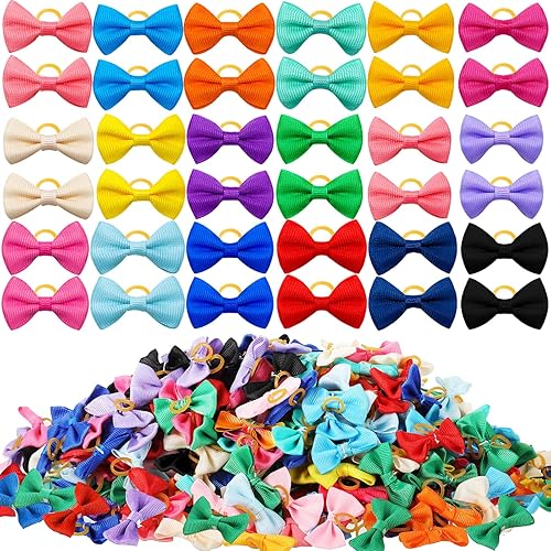 Crowye 400 lazos para perros, lindos lazos para el pelo de perro con bandas de goma, cinta pura con banda de goma, lazos para el pelo para gatos,