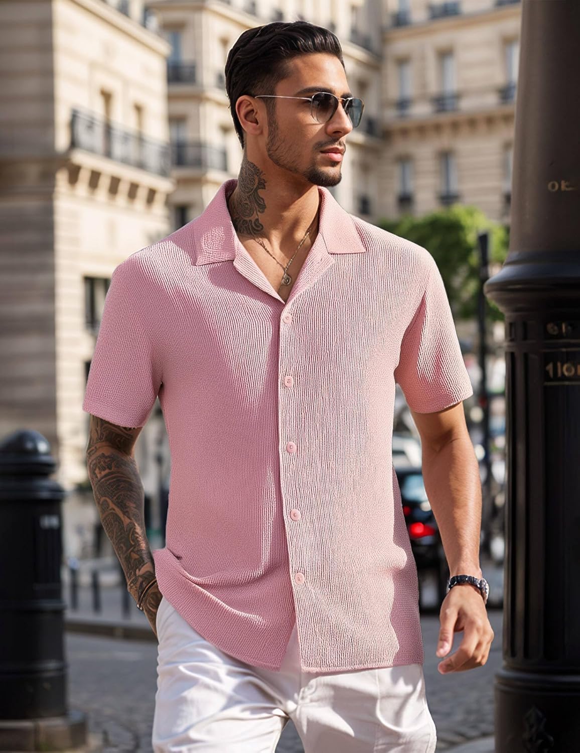 UOUA Men's Casual Button Down Shirts Short Sleeve Summer Textured Tops for Beach Vacation - Image 3