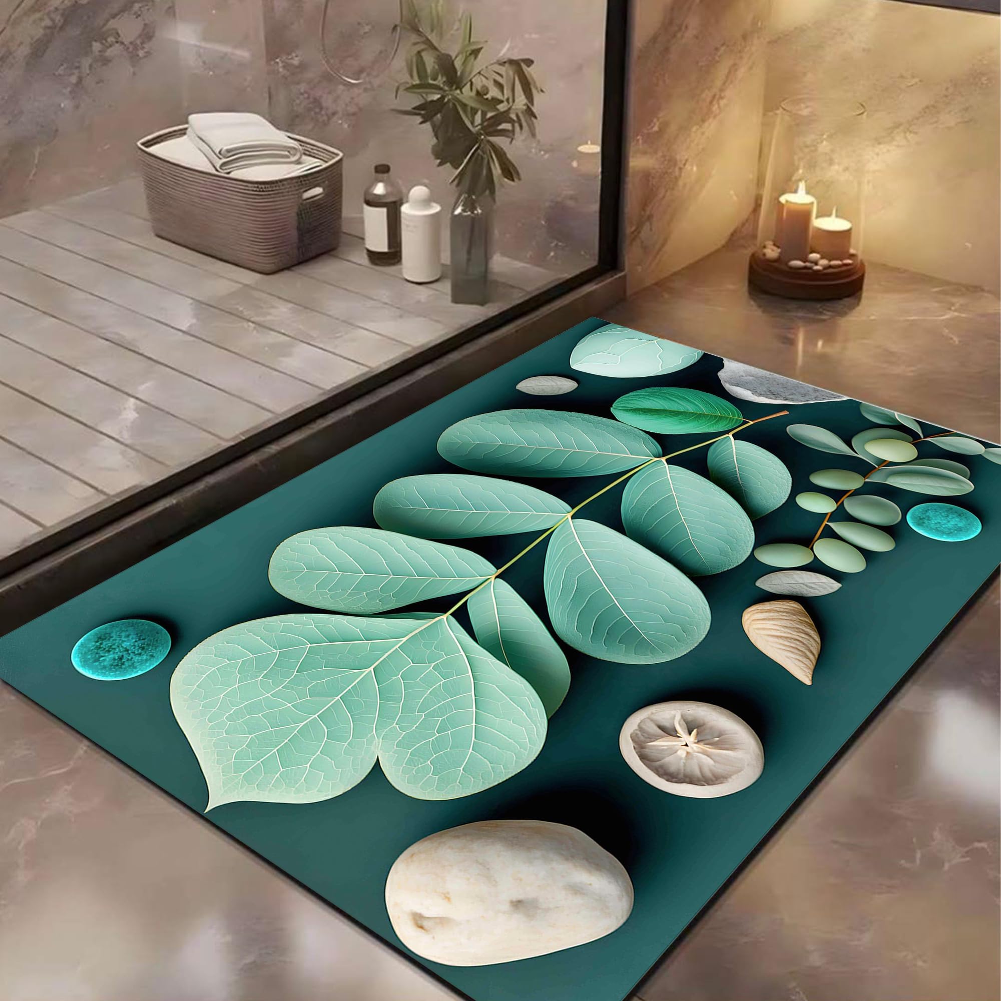 Yellow Weaves 2 Pcs 3D Patterned Anti Slip Water Soaking Floor Mat, Water Absorbent Non Slip Bath Mat, Quick Dry Mat for Bathroom, Door Mat for Home, Kitchen, Office (Green Leaf)
