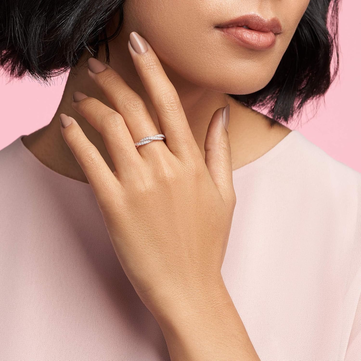 Pandora Sparkling Twisted Lines Ring - Stackable Rose Gold Ring for Women - 14k Rose Gold-Plated Rose with Cubic Zirconia - Size 7.5