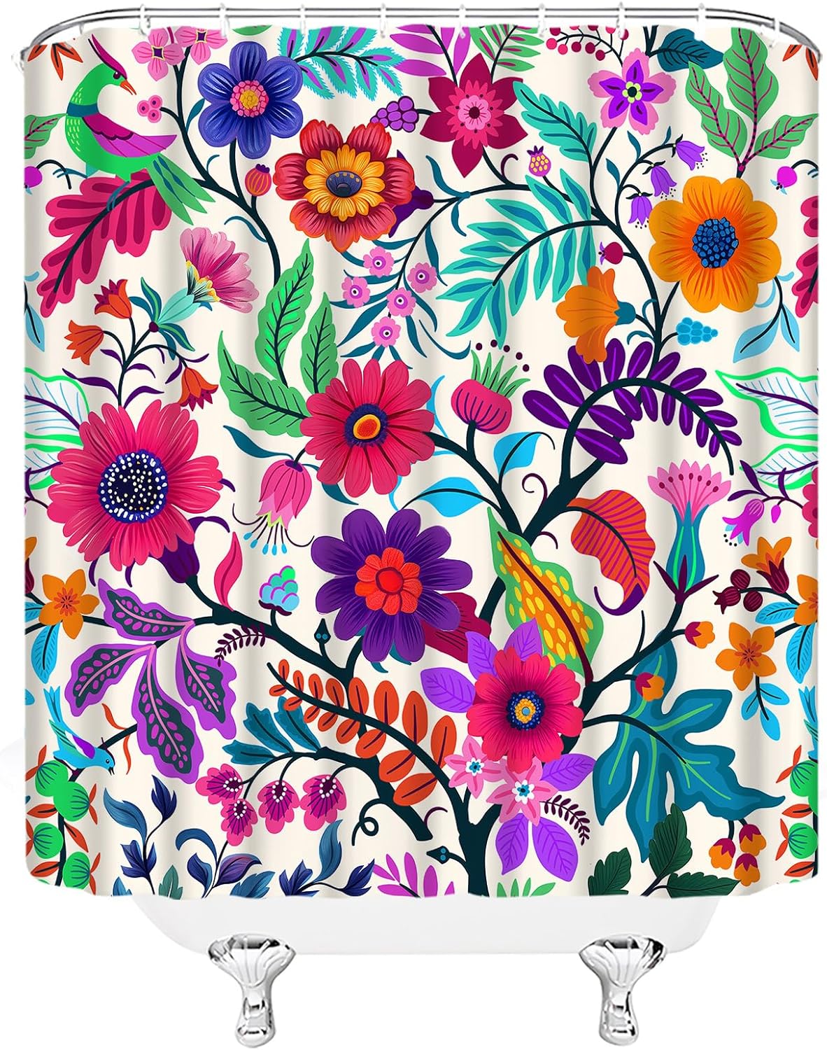 Boho Floral Shower Curtain Colorful Paisley Abstract Mandala Flower Leaf Vibrant Ethnic Tribal Blossom Vintage Swirls Retro Unique Fantasy Spring Plant Fabric Bath Decor Curtain with Hooks