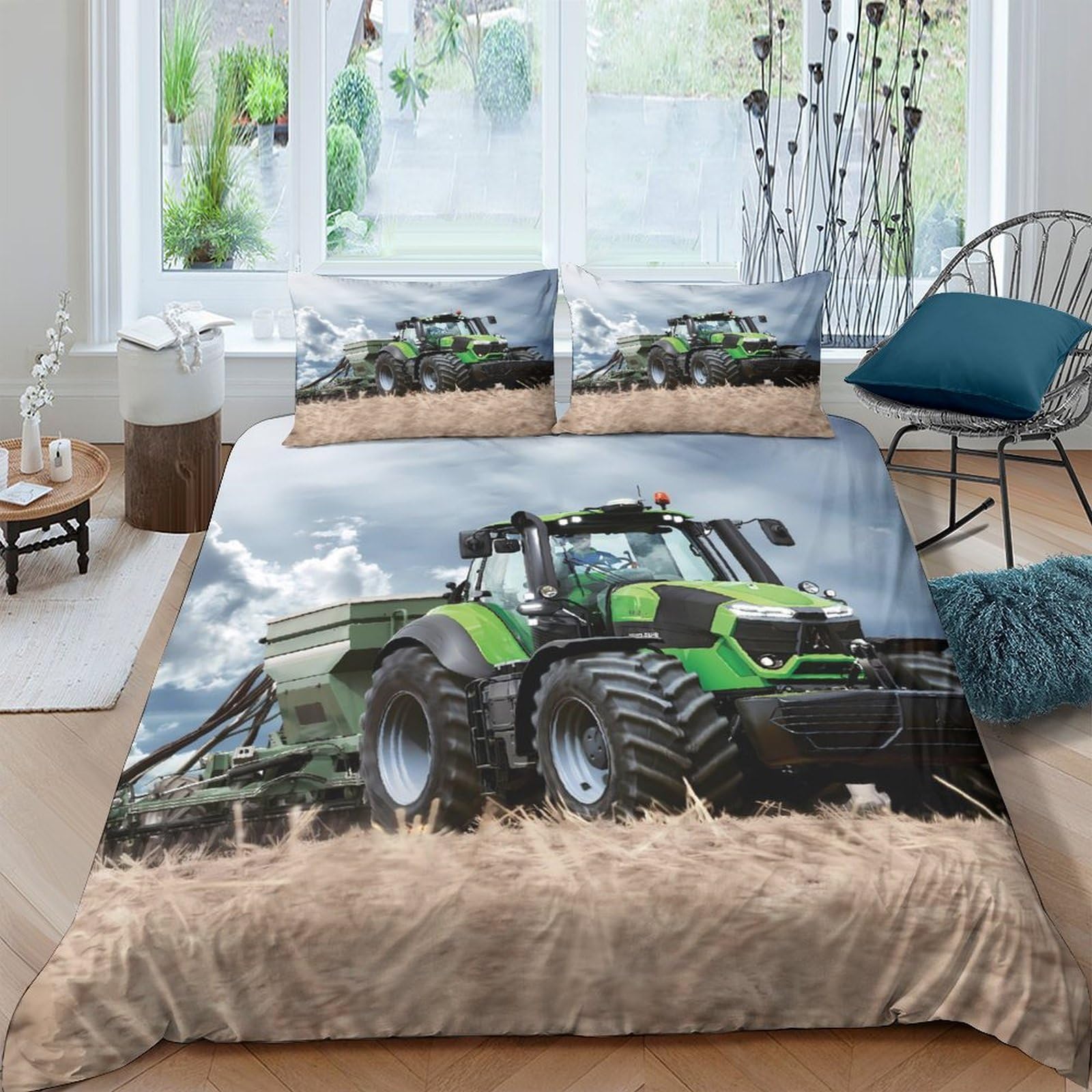 Ctjqhvkz Style-2 3D Printed Green Tractor Fitted Sheet Microfiber Soft Farm Field Bed Cover For Adult Bedroom Dorm Mattress Protection Decor Single（135X200cm）