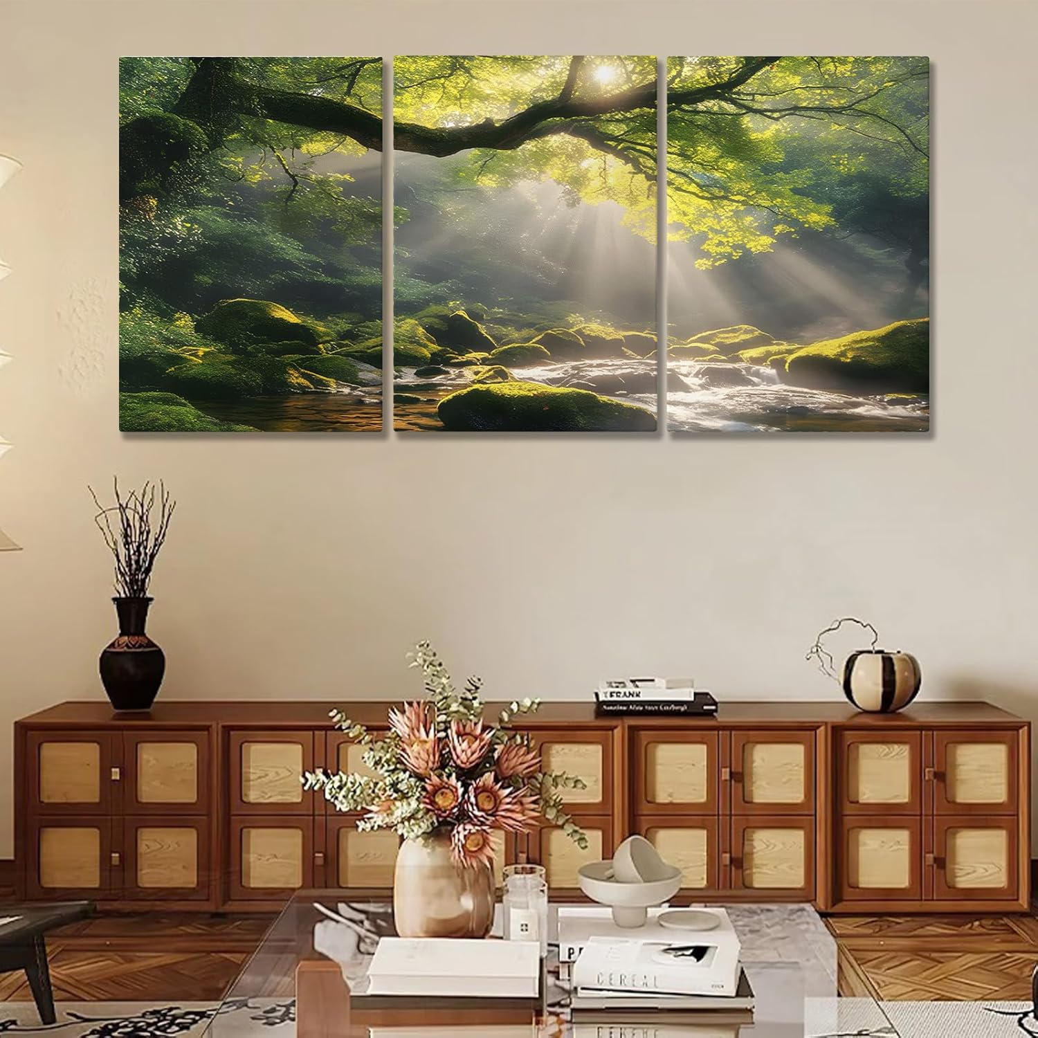Hotuijxca Nature's Oasis River and Sunny Forest Canvas Wall Art, Green Forest Lake Trees Canvas Art Prints, Rivers and Green Forests Wall Decor for Living Room, Bedroom, Office (24" x 36" x 3 pcs)
