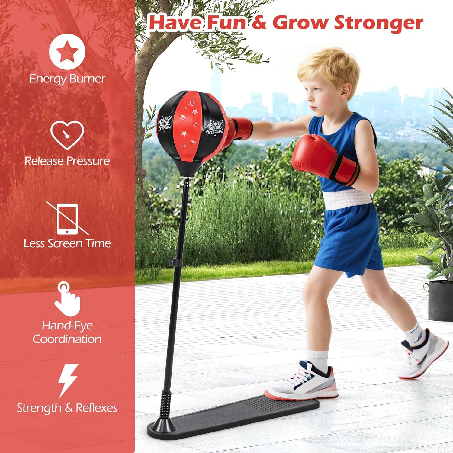GYMAX Punching Bag Set for Kids, Gift Box Included, Height Adjustable Toddler Boxing Bag with Stand, Boxing Gloves and Air Pump for 3+, Ideal Christmas Birthday Gift for Boys and Girls