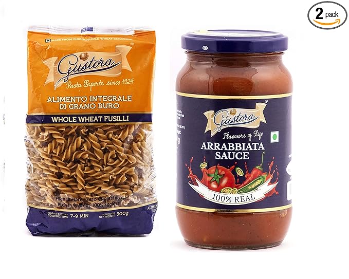 Combo Pack of Whole Wheat Fusilli Pasta 500g & Arrabbiata Sauce 400g I Pasta & Sauce Combo for Italian Cooking I Rich in Protein & Fibre I Vegetarian I Zero cholesterol I No Trans Fats - 900G