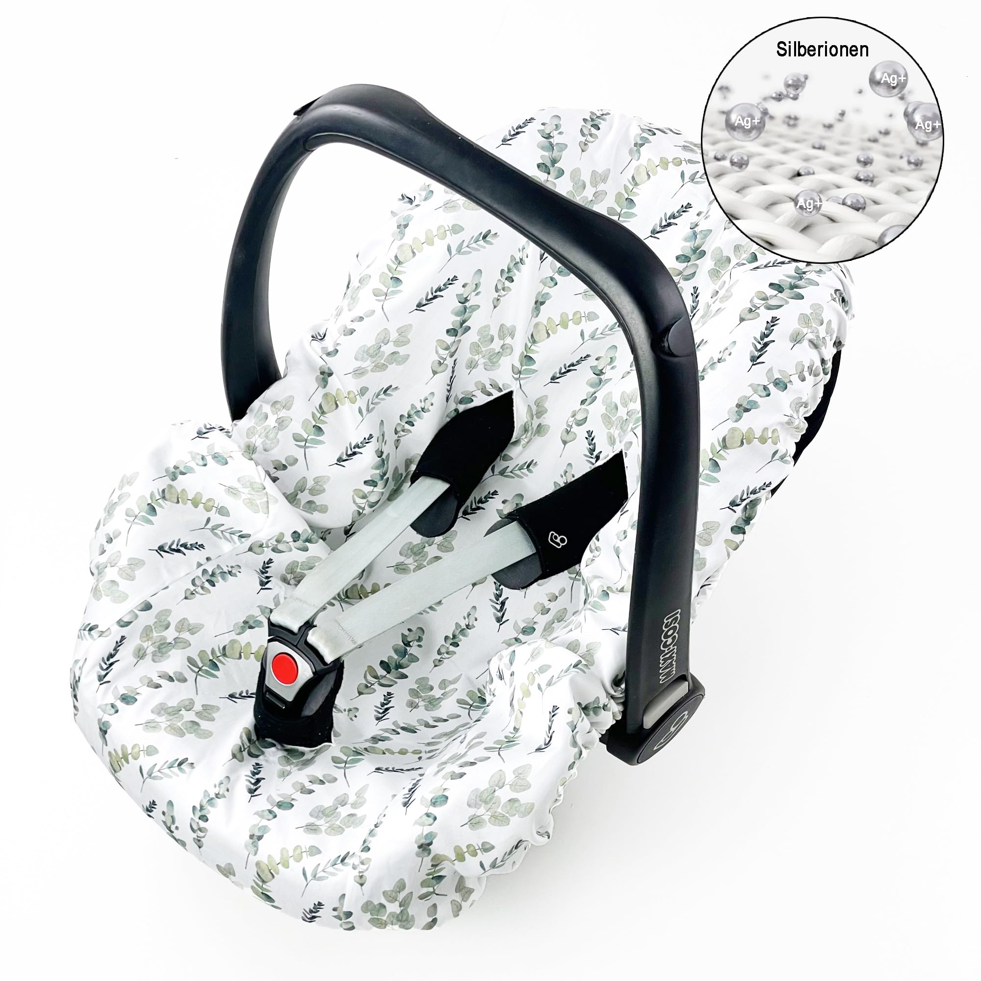 Sommerbezug Babyschale Bezug Universal, 100% antibakterielle Baumwolle mit Silberionen, Schonbezug Babyschalebezug (EUKALYPTUS)