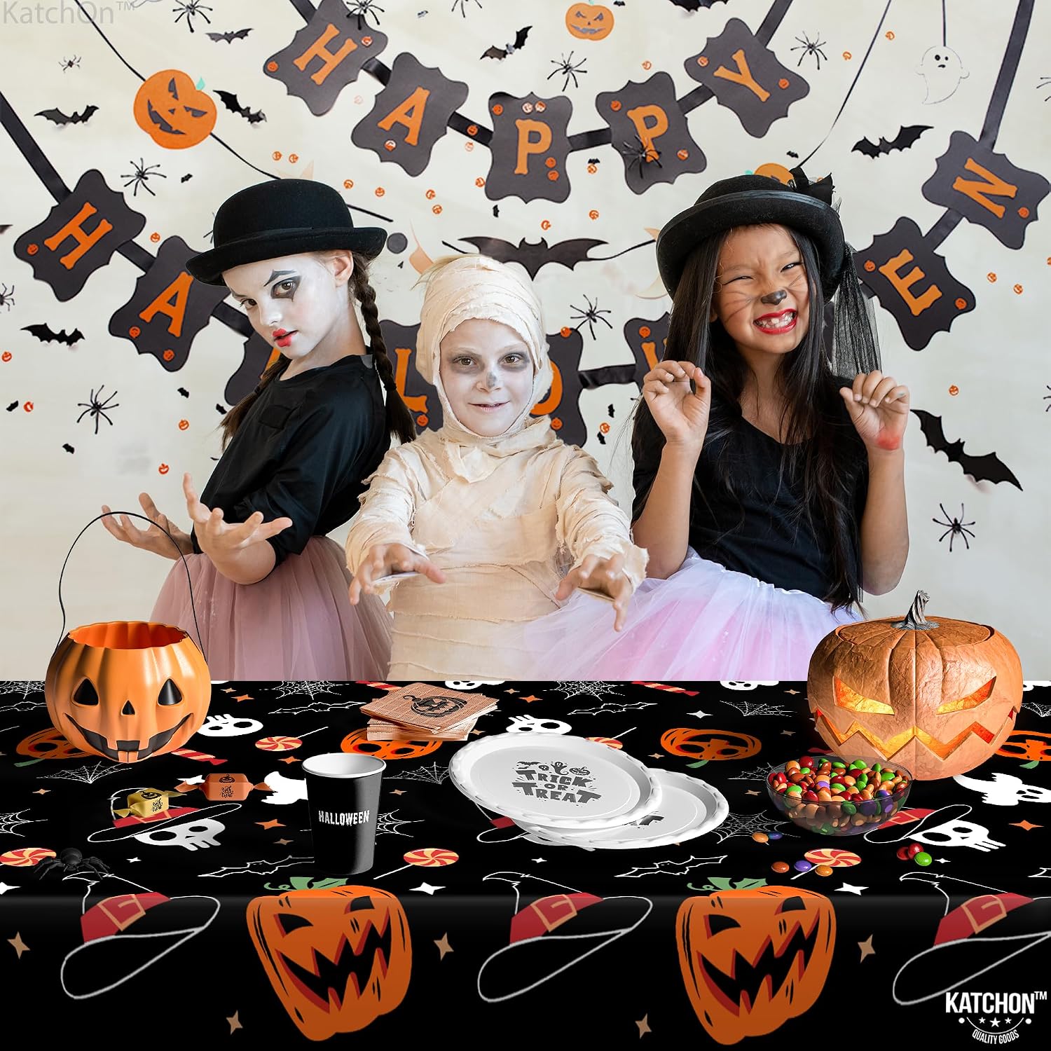 KatchOn Halloween Tablecloths - Large 54x108 Inch, Pack of 3 | Disposable Plastic Table Covers for Halloween Decorations Indoor, Outdoor | Spooky Decorations