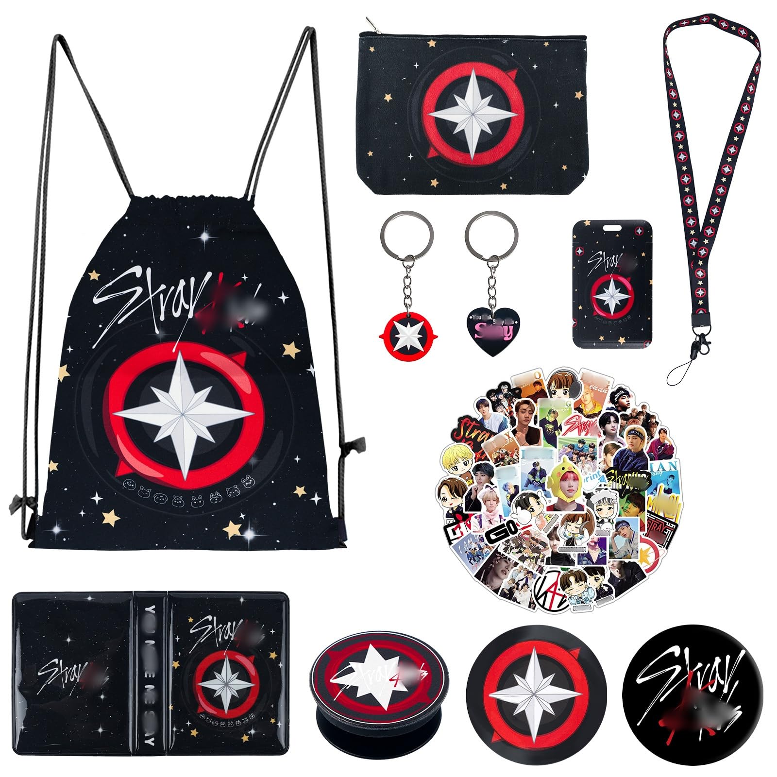 Heartsking K Pop Stray Merch Gifts Set, Including Photocard Binder Stickers Phone Stand Drawstring Bag Badge Keychain Makeup Bag Card Sleeve And Lanyard Set Stray Album Merch for Girls Fans Women