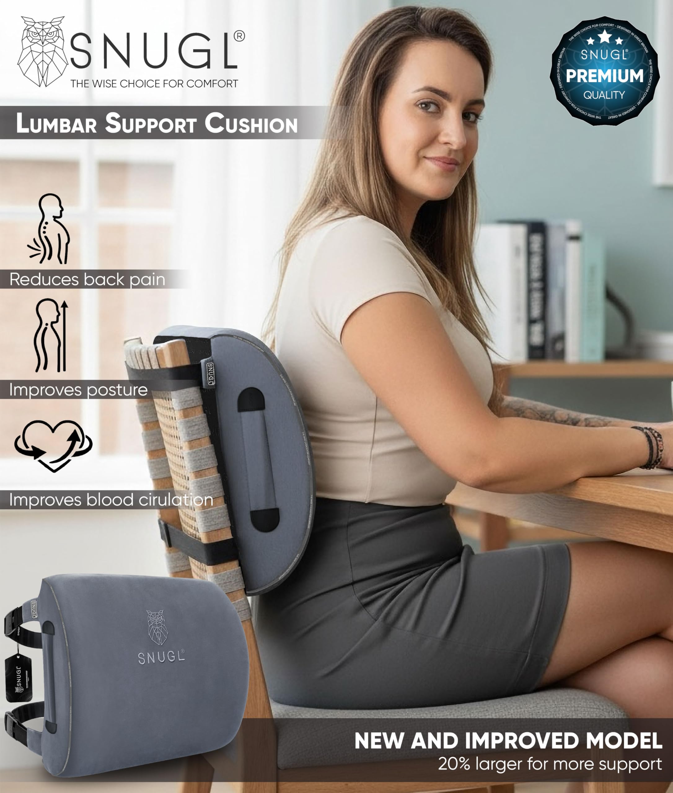 SNUGL Cuscino Lombare Supporto Schiena per Sedia da Ufficio | Cuscino Ortopedico in Memory Foam | Correttore Postura Uomo Donna | Cuscino Sedile Auto | Accessorio Ergonomico per Ufficio