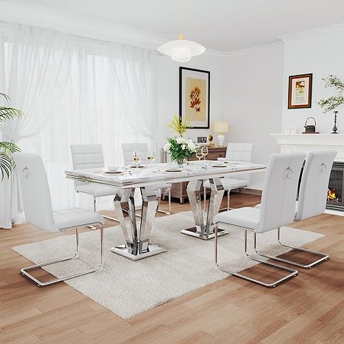 Miniatura 15 de Juego de comedor de lujo de 7 piezas, mesa de comedor moderna y sillas tapizadas, juego de mesa de cocina de mármol para 6, juego de mesas de