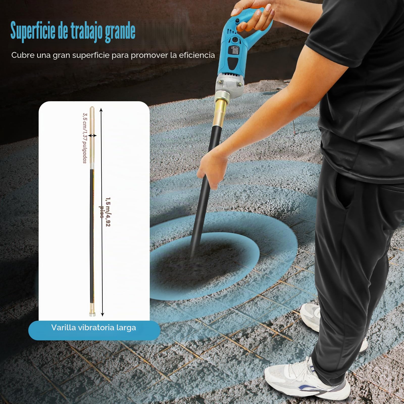 Vibrador eléctrico para hormigón, 220 V, 1300 W, 1,5 m de longitud de varilla de vibración, diámetro 3,5 cm, velocidad de ralentí 4300 rpm, para construcción de puentes, construcción de carreteras