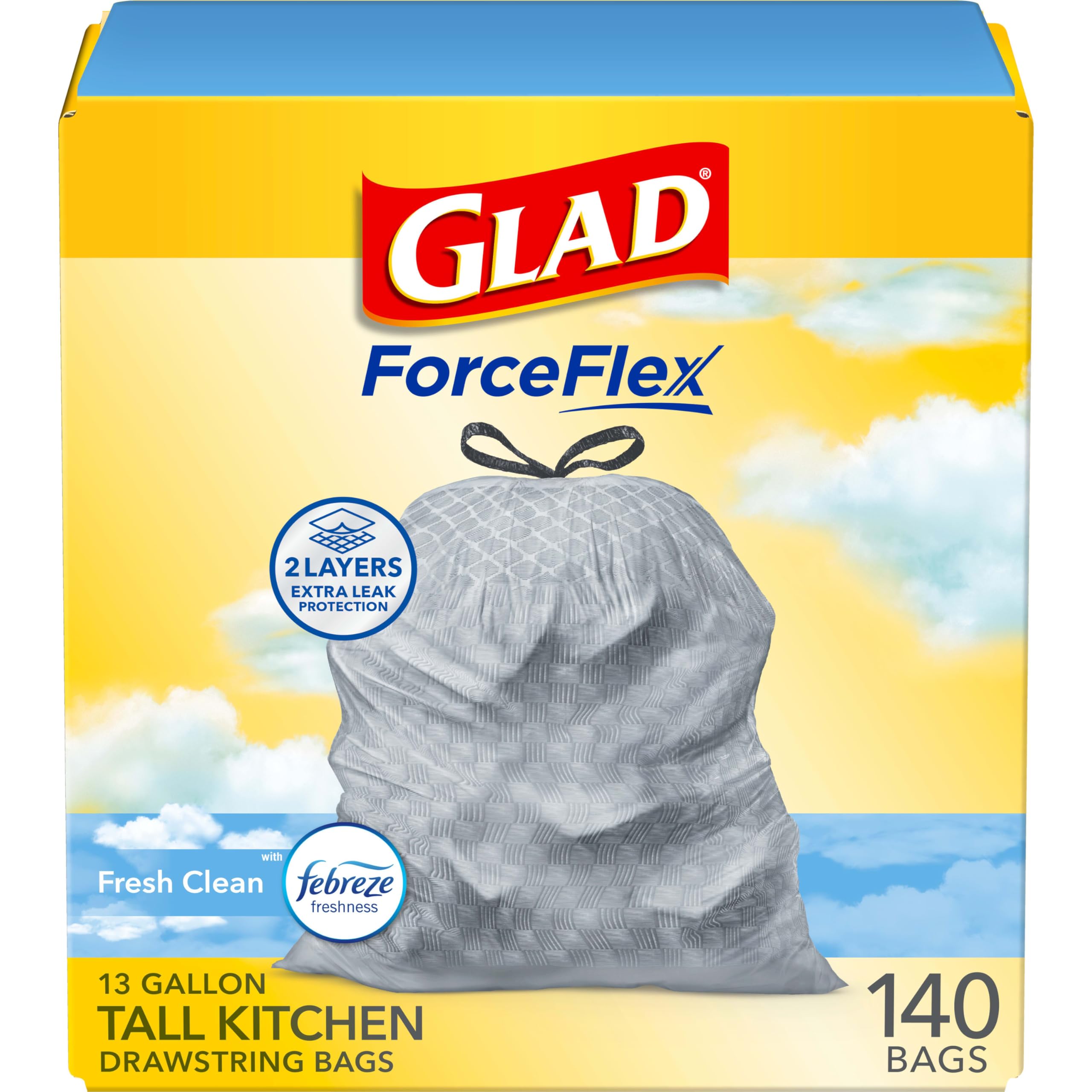 Glad ForceFlex Tall Kitchen Trash Bags, 13 Gallon, Gain Fresh Clean, 140 Count (Package May Vary)