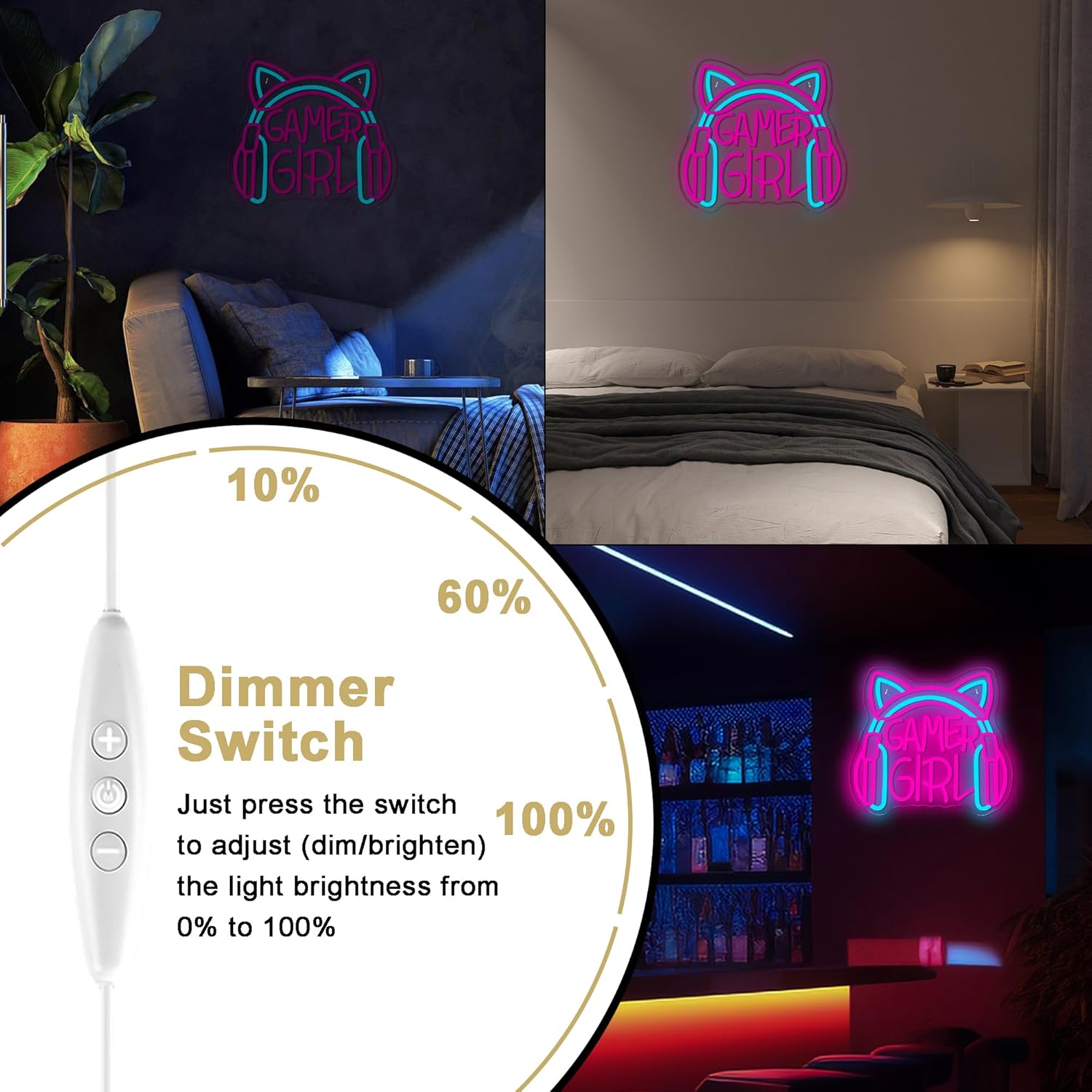 Mutank Gamer Girl Cat Headphones Neon Sign, Game Room Neon Sign USB Powered Game Headphone Sign LED Dimmable, for Gaming Room Bedrooms and Cat Ear Girl Man Caves Decor(13.3 * 12.2 In)