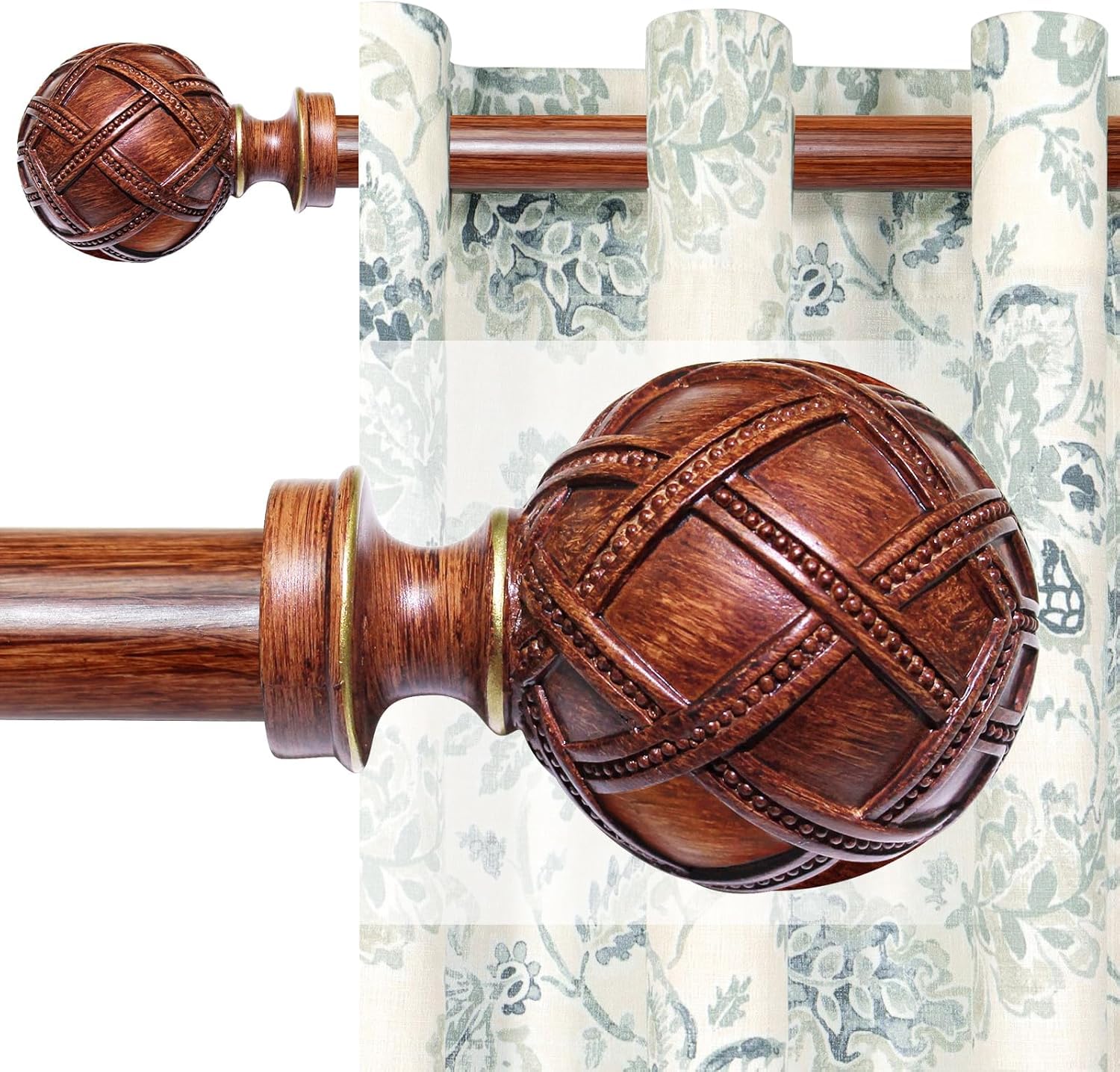 Rosewood Curtain Rod 91 to 305 cm, 25 mm Diameter Heavy-Duty Adjustable Drapery Rods with Dacorative Finials, Extendable Curtain Poles for Eyelet Curtains