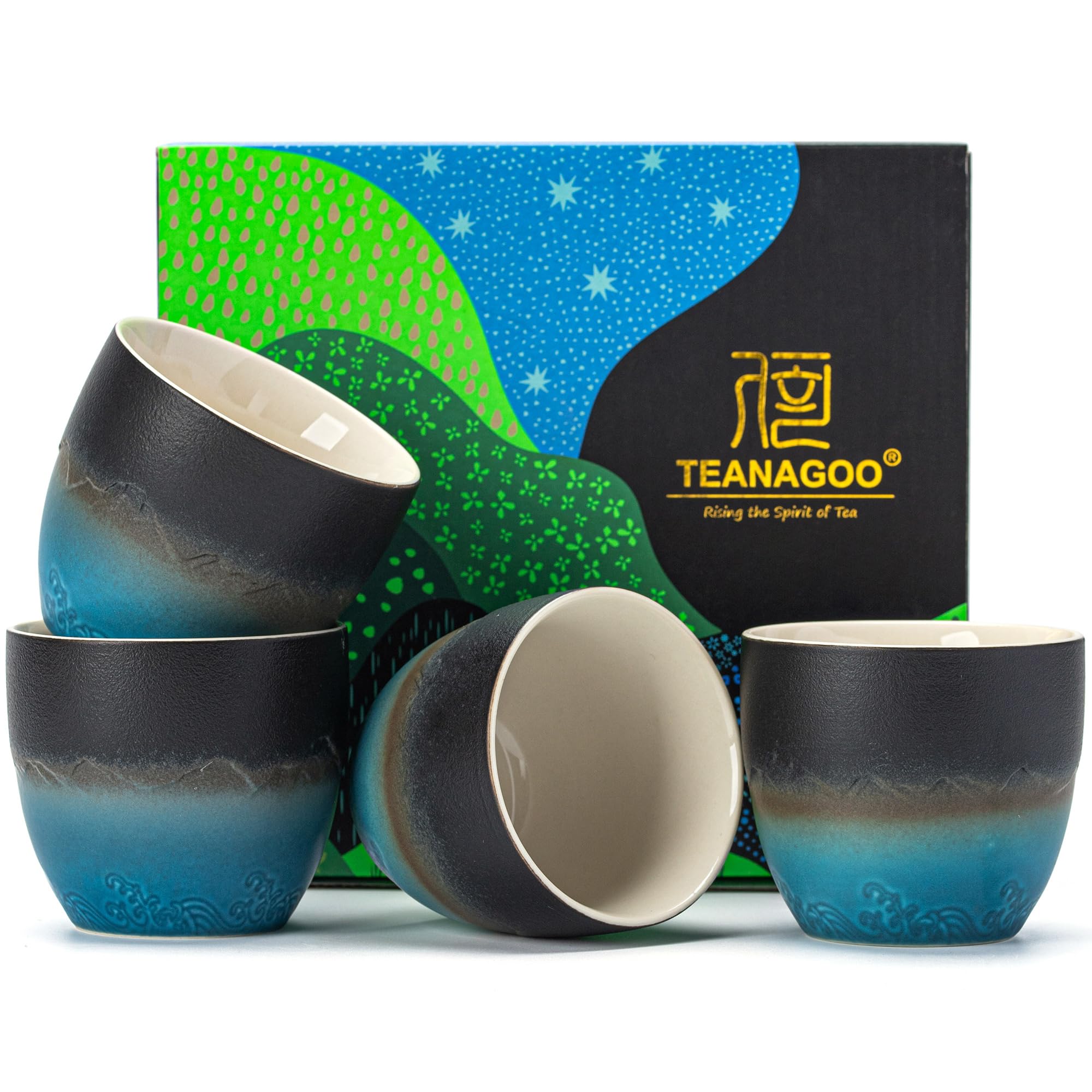 TEANAGOO Japanische Teetassen, 5,6 Oz / 160ml, Verlaufsmarineblau, H23, 4 Stück/Box, Japanische Tassen, Chinesische Teetassen, Occupied Japan Teetassen, Asiatische Teetassen ohne Henkel