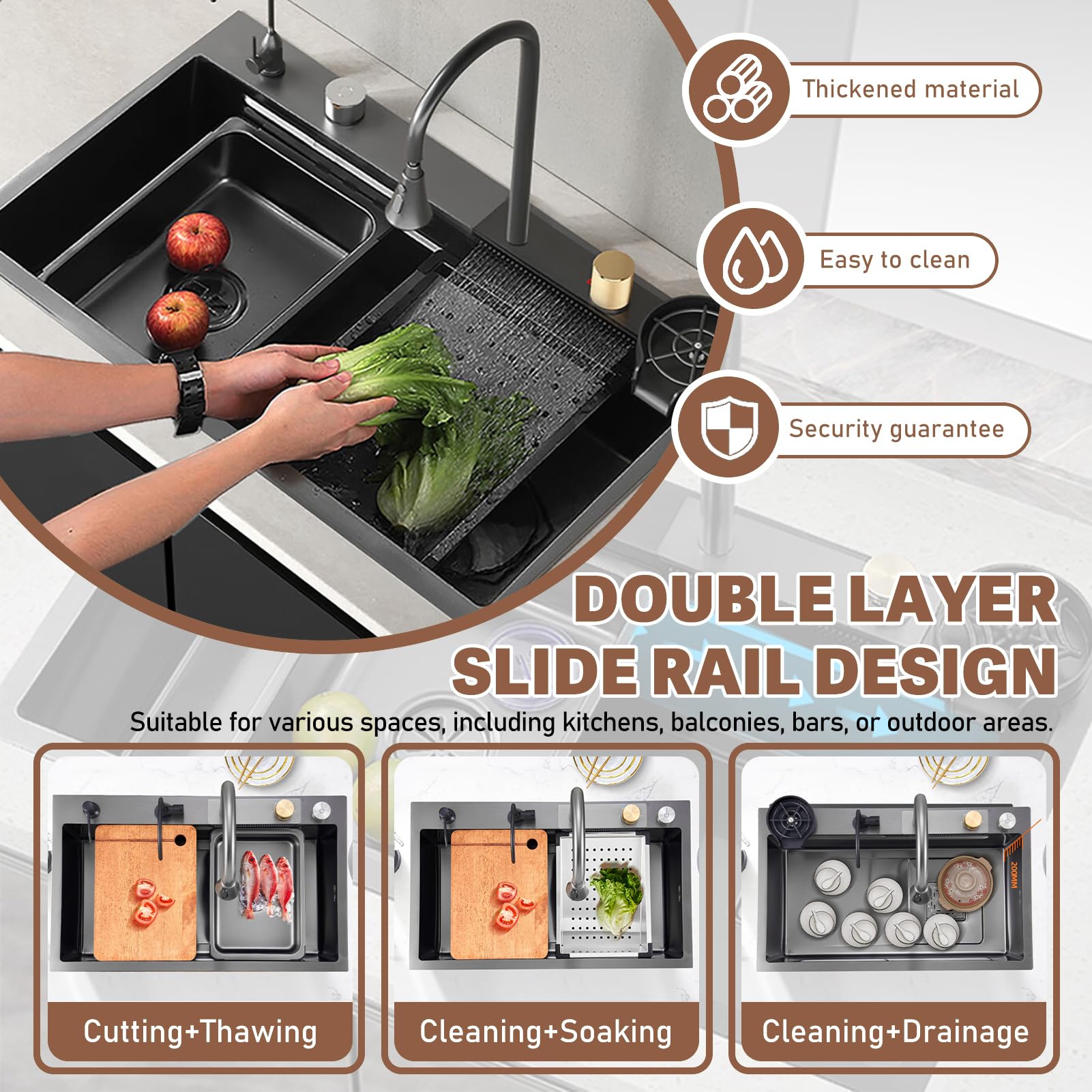 Fregadero de cocina multifuncional de acero inoxidable con efecto cascada, 85 × 50 cm, gran fregadero de estación de trabajo, fregadero individual con montaje en la parte superior, con botón