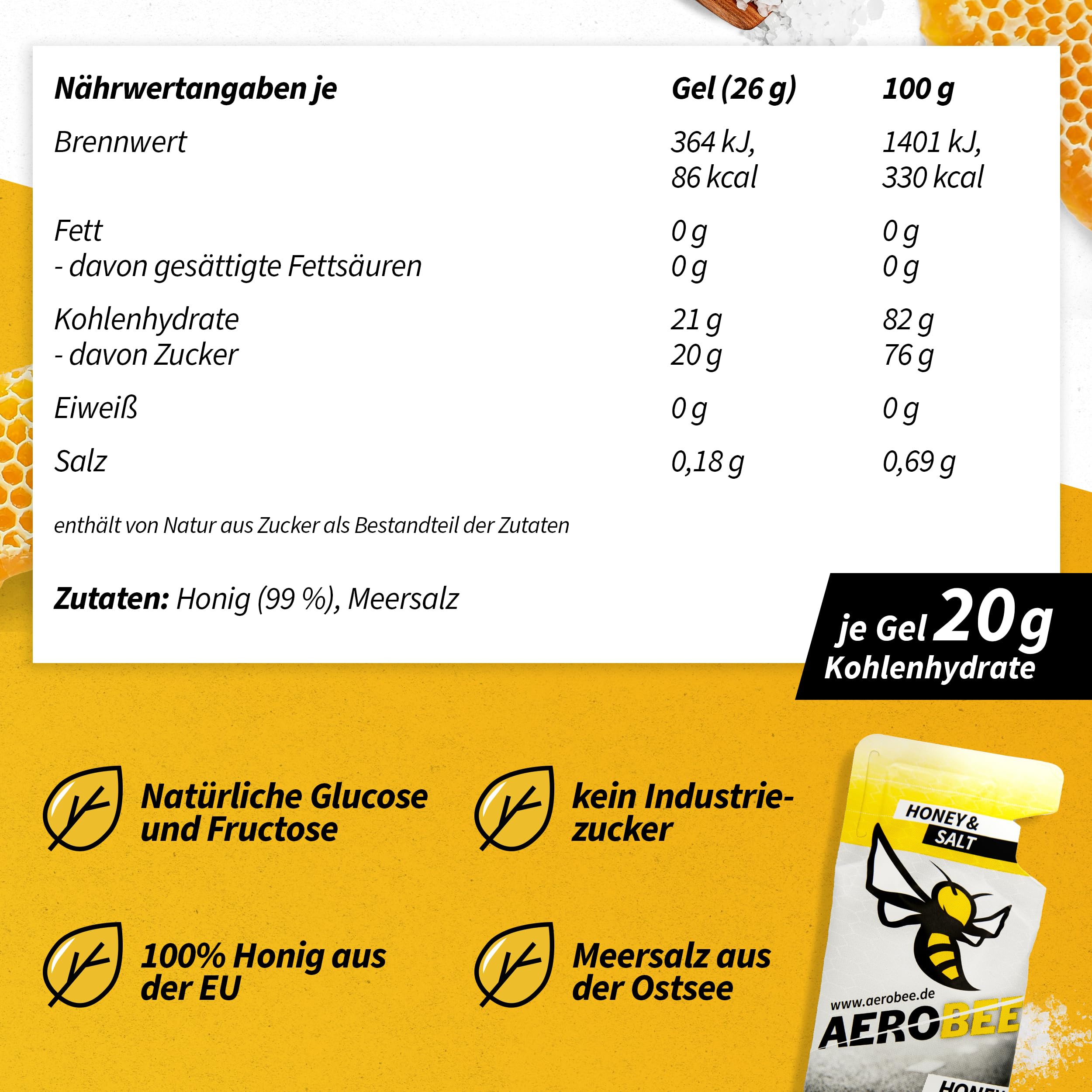 AEROBEE Energy Gel Classic – Honey & Salt 10x26g – [100% Natürliche Energie aus Honig] richtig leckeres Sportgel für den Ausdauersport, Energy Gel Laufen, Power Sport, Sportnahrung