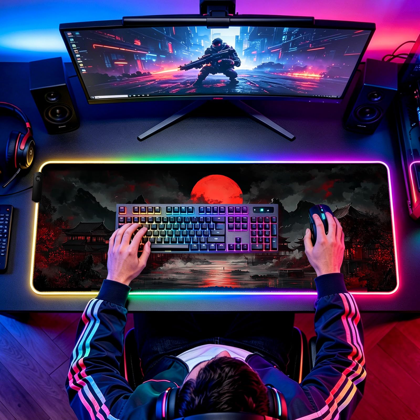 RGB - Tappetino da scrivania da gioco con luna piena, motivo: Lakescape giapponese, per tastiera del computer, grande, esteso, lungo, LED, per ufficio e casa, XL (W07)