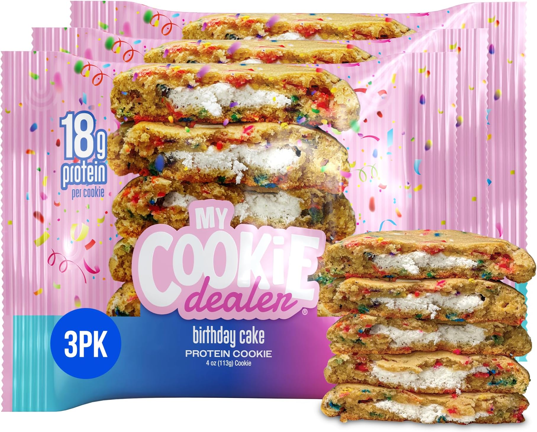 My Cookie Dealer Soft Baked Protein Cookies, Birthday Cake (4oz, Pack of 3) - 18g Protein per Cookie - Individually Wrapped Workout Snacks for On-The-Go Travel