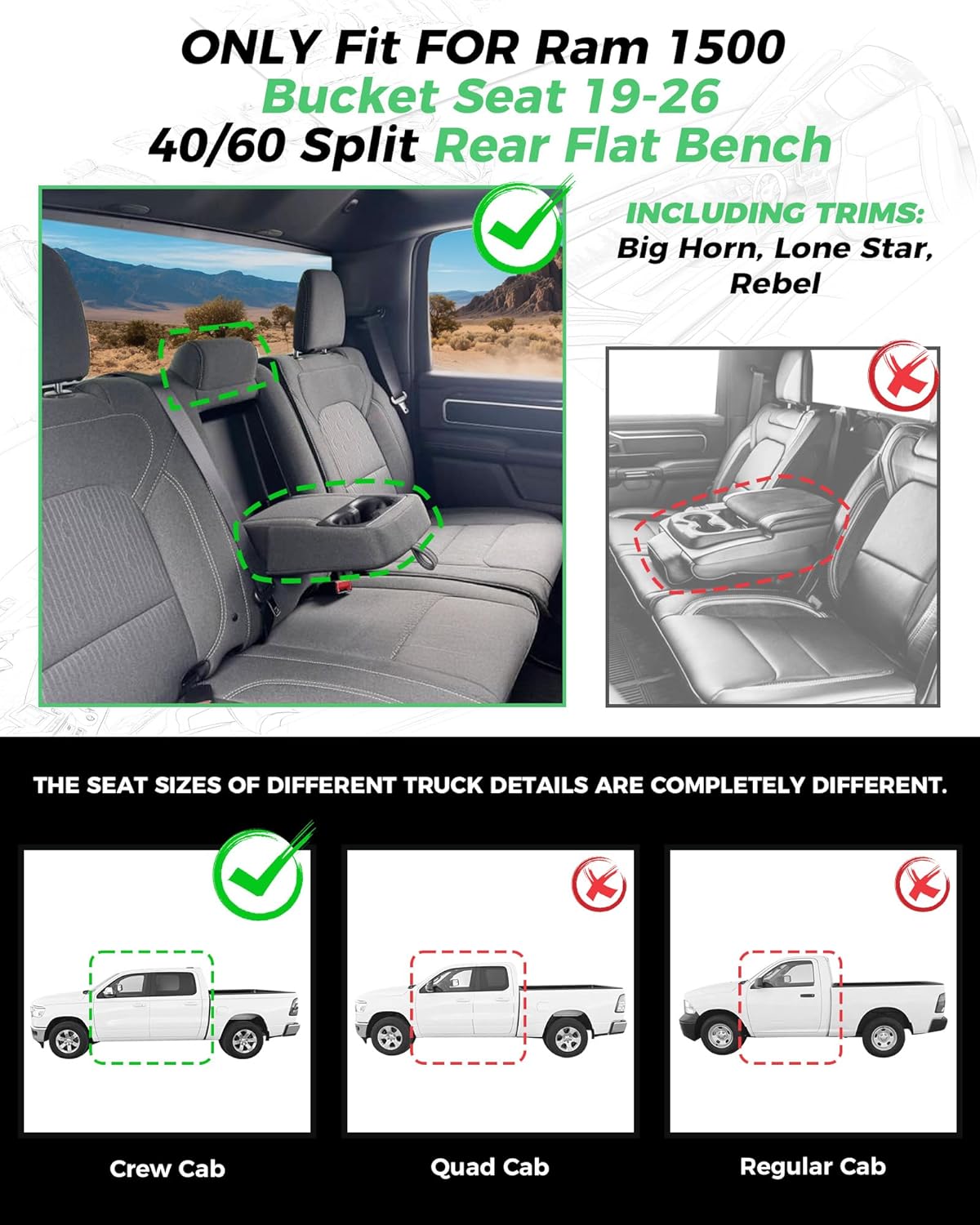 for Dodge Ram Leather Seat Covers, 2019-2026 Crew Cab 1500 Big Horn Rebel Lone Star, Custom Truck Seat Cover Full Set, Pickup Protector Accessories, Red Black (40/60 Split Flat Bench)