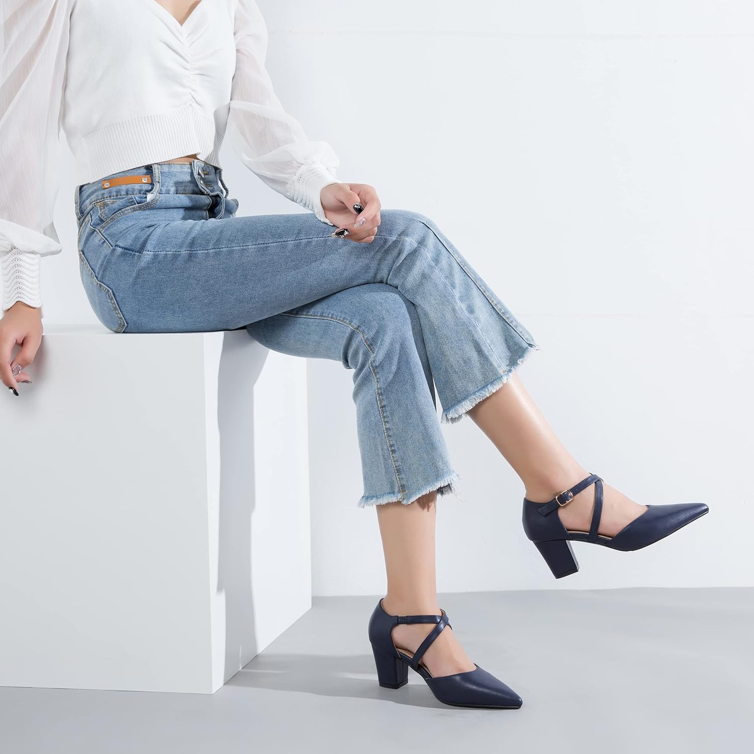 Women's Pointed Toe Pumps, Cross-Strap, Block Heel Dress Shoes