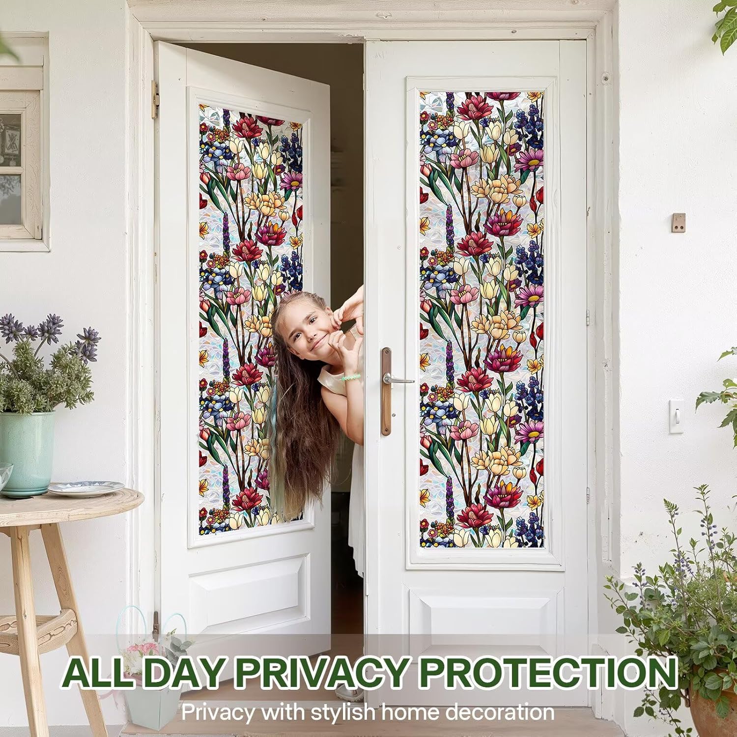 Stained Glass Window Film UV Resistant Window Privacy Film, Colorful Flowers Privacy Films Rainbow Decals Bathroom Bedroom Sun Blocking Decor Removable Static Cling Stickers 23 x 39.37 Inch
