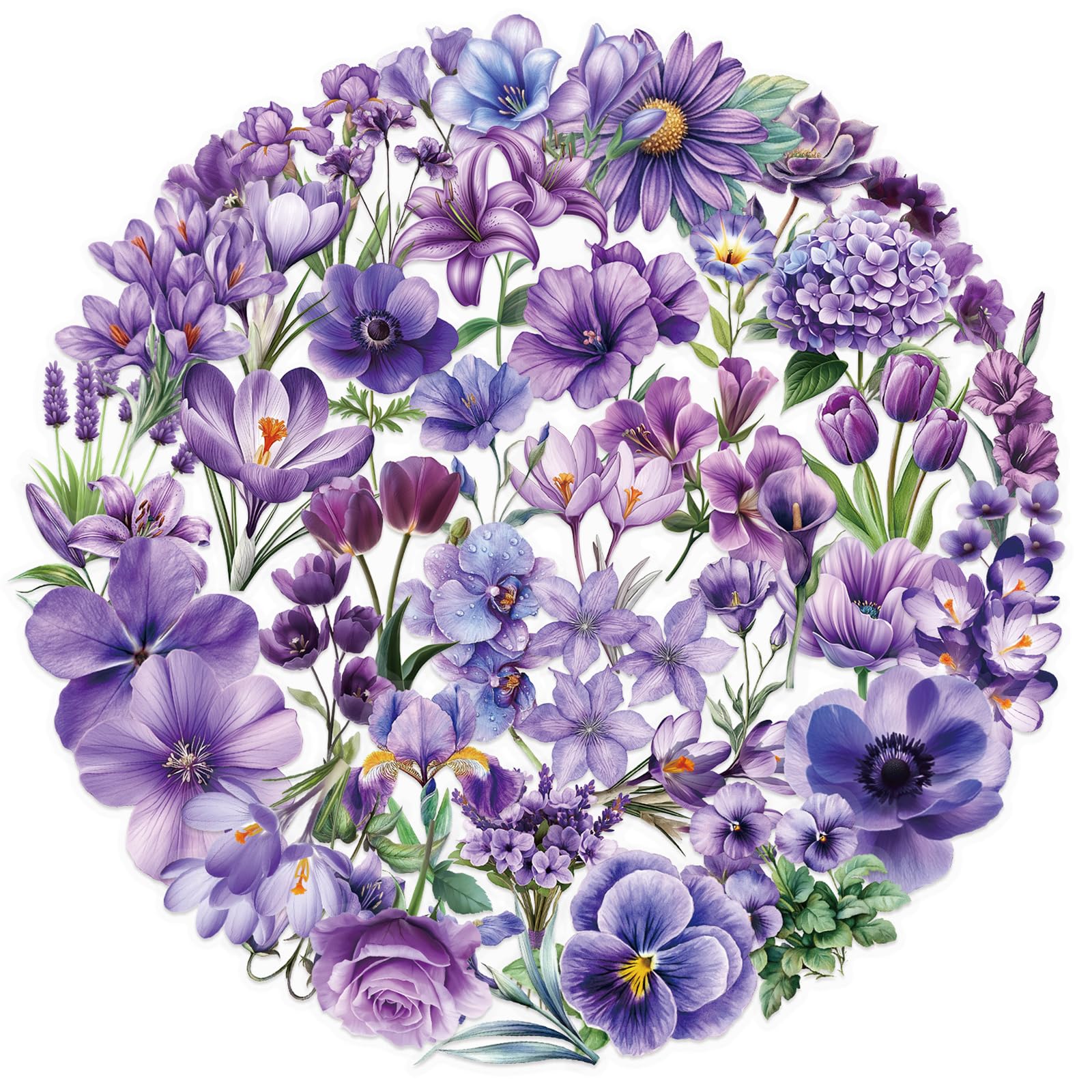 50Pcs Violet Flower Transparent PET Stickers Pack,Aesthetic Flowers Decor Gifts for Teens Adults Waterproof Vinyl PET Nature Stickers for Scrapbook