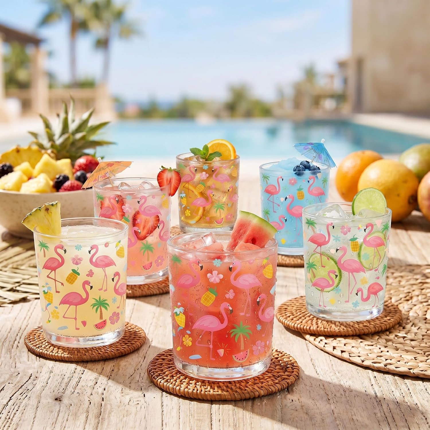 6 Pcs Flamingo Glasses Drinking 11oz Flamingo Stemless Icon Juice Glasses Tropical Summer Drinking Cups Hawaii Colorful Wine Cups for Luau Party Supplies Holiday Gifts