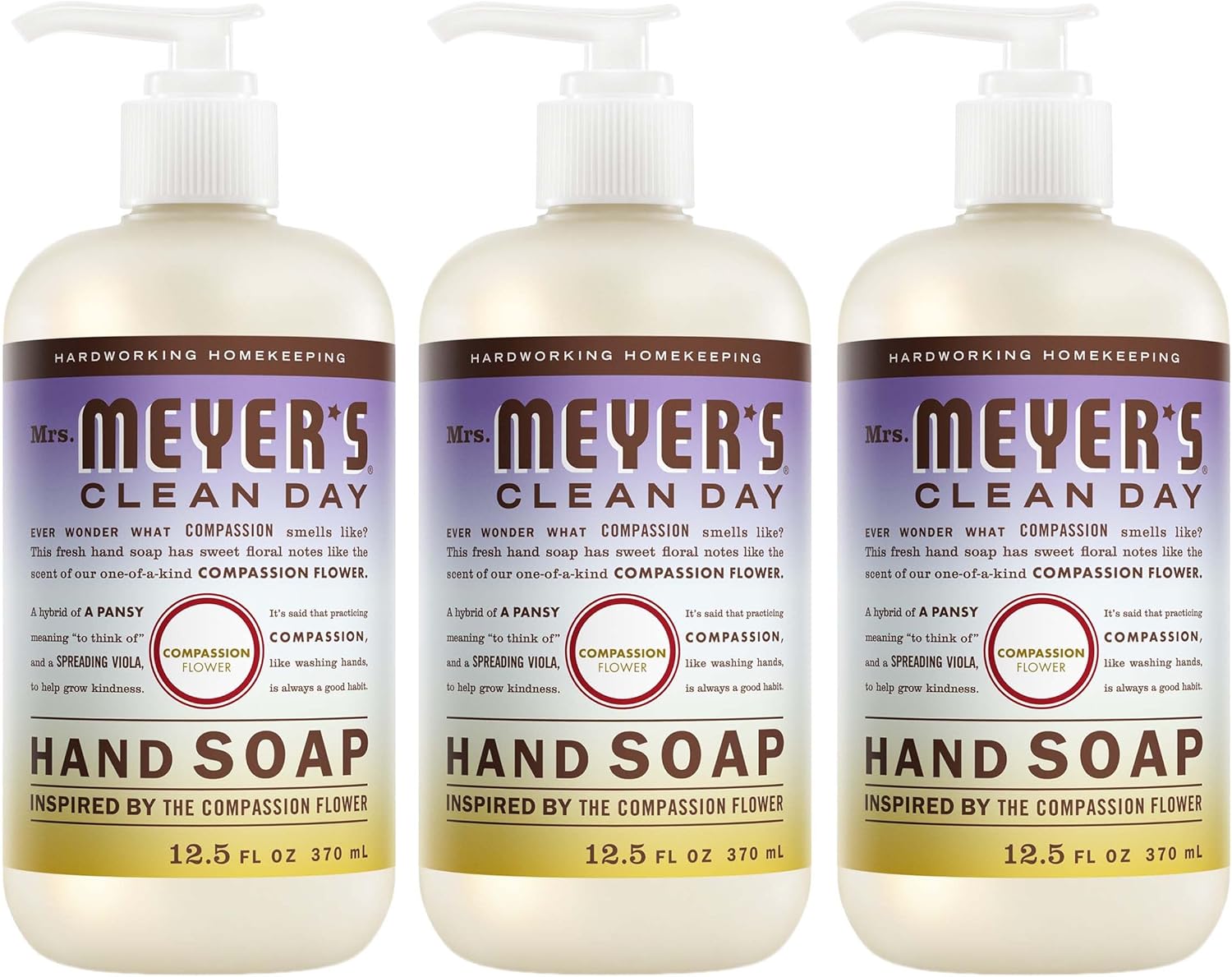 Mrs. Meyer's Compassion Flower Hand Soap Pack of 3, Essential Oils, Aloe Vera & Olive Oil, 12.5oz - Cruelty-Free Moisturizing Clean