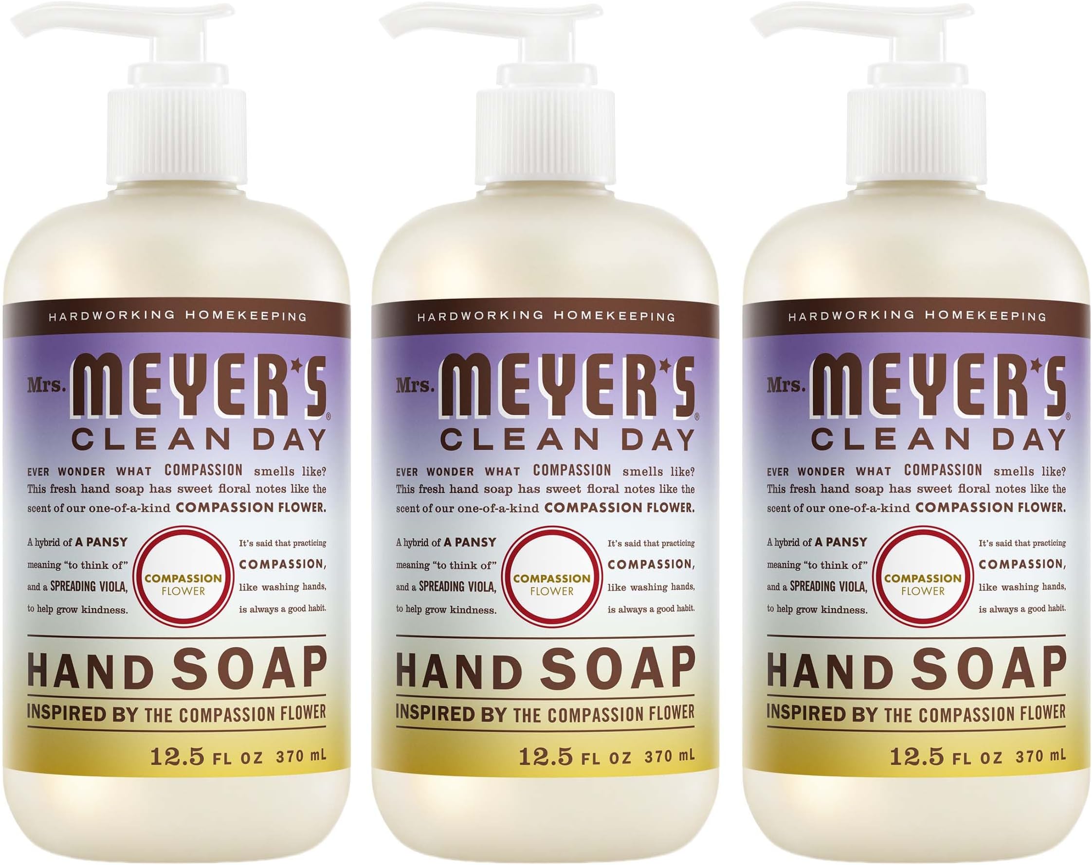 MRS. MEYER'S CLEAN DAY Hand Soap, Compassion Flower Scent, 12.5 Fl Oz Bottle - 3 Pack