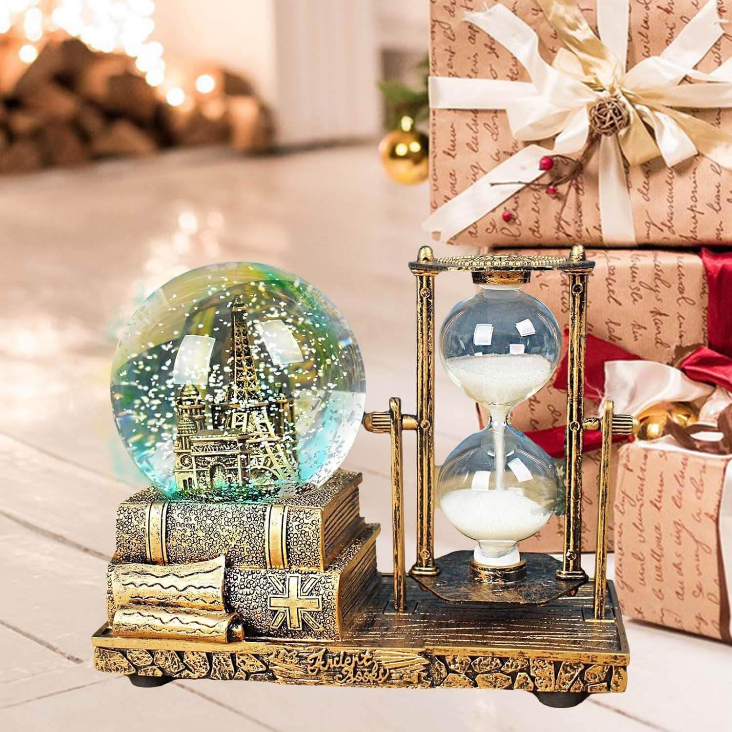 Crystal Snow Globes with Hourglass Timer & Led Music for Adults Unique, Vintage Brass Snow Crystal Ball Paris Eiffel Tower for Home Snowglobes Decoration Gifts