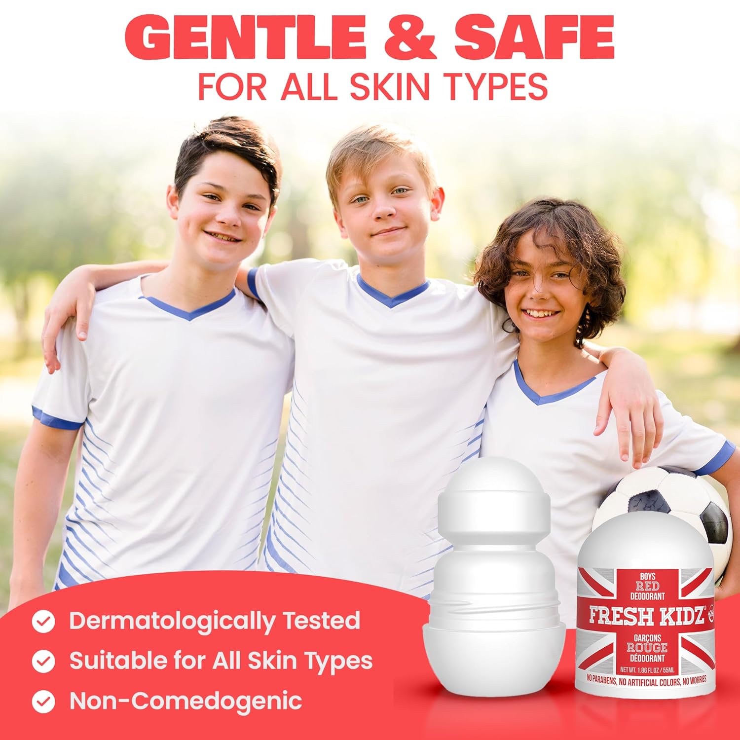 Fresh Kidz Hair & Body Wash 16.9 fl.oz. and 2 Roll On Deodorants 1.86 fl.oz. for Kids and Teens - Boys "Red" Set