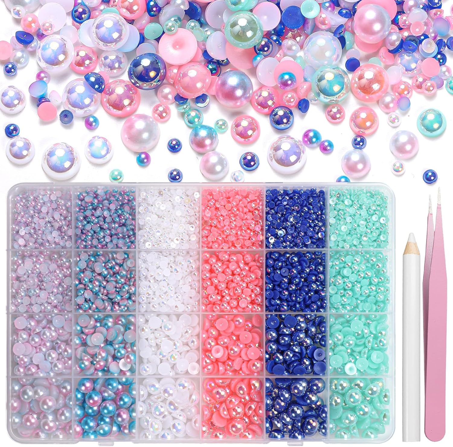 9000Pcs Flatback Pearls for Crafting, Blue Green Pink White Half Pearls Beads, 3-8mm Color Half Round ABS Flatback Pearl Beads Gems Bedazzling for Nails Art Crafts DIY Shoes Clothes
