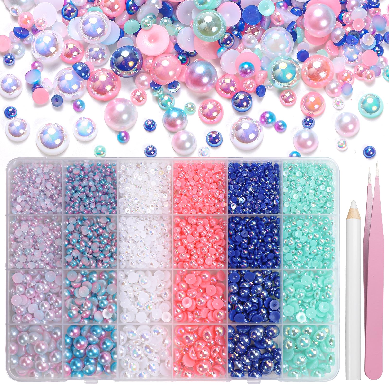 9000Pcs Flatback Pearls for Crafting, Blue Green Pink White Half Pearls Beads, 3-8mm Color Half Round ABS Flatback Pearl Beads Gems Bedazzling for