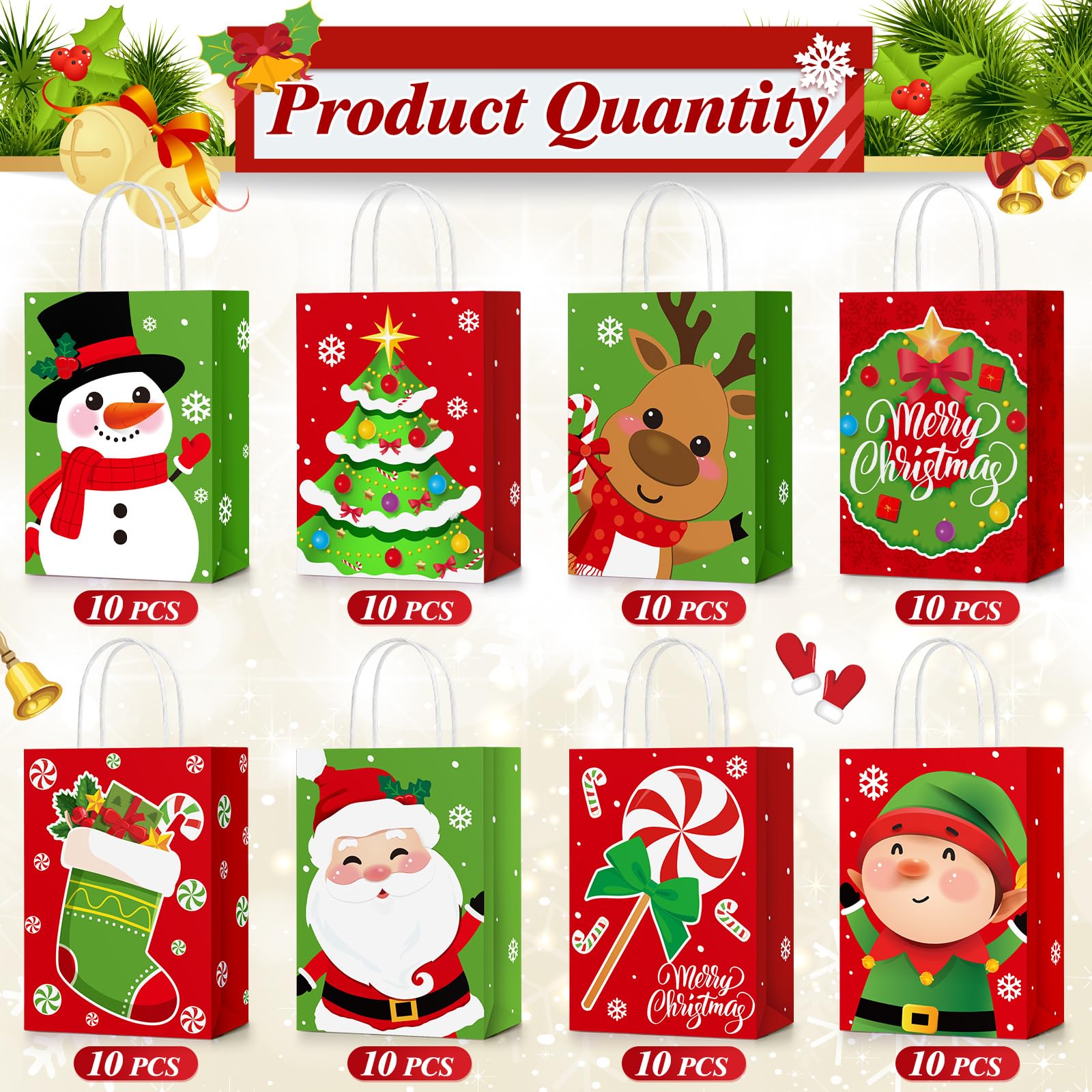 Yeaqee Lot de 80 petits sacs cadeaux de Noël en papier kraft avec poignées en vrac pour emballage cadeau de Noël, fournitures de fête de vacances, 21 x 15 x 8 cm (Père Noël, élan)
