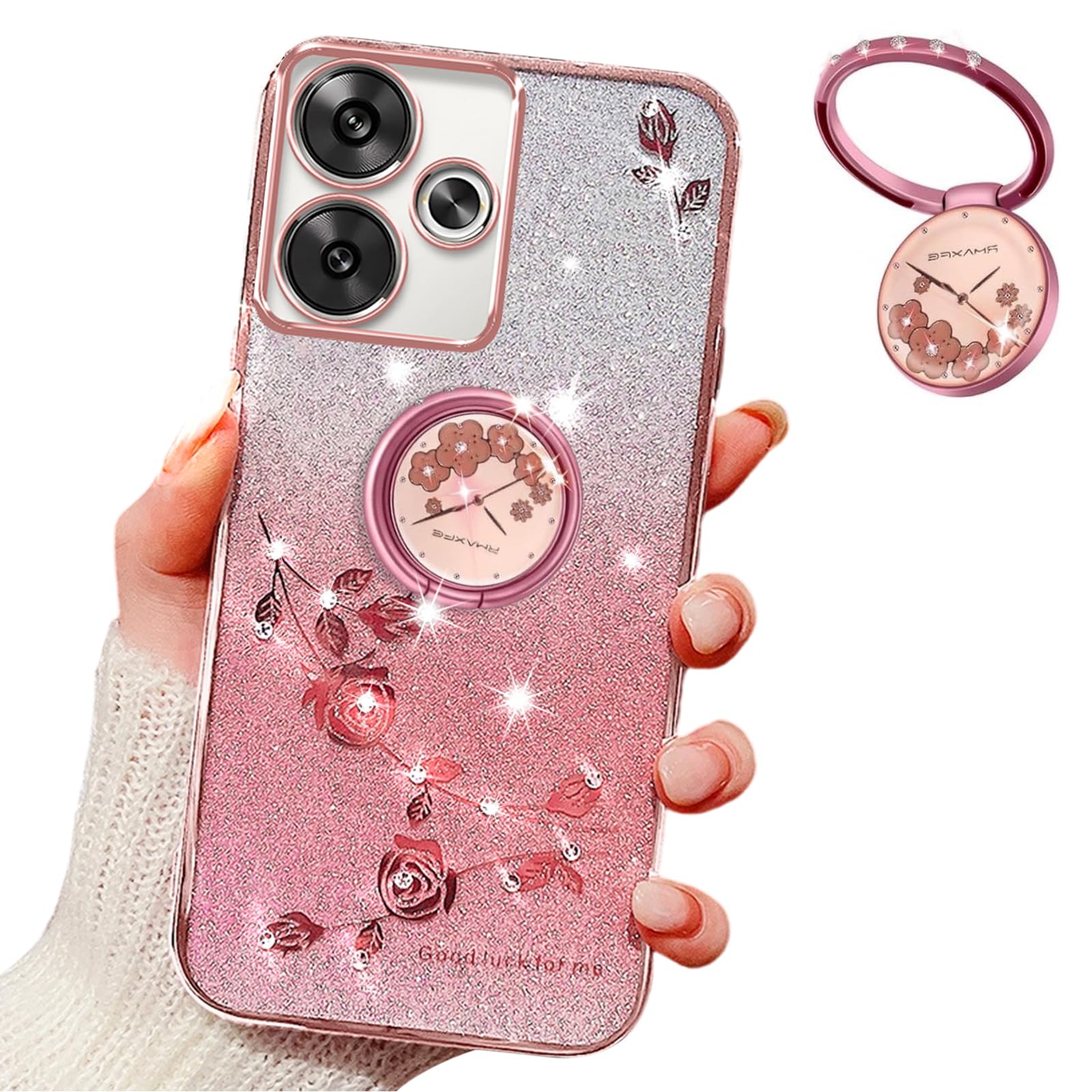 for Xiaomi Redmi Note 14 Case for Women.Flowers Pink | Luxury Plating Bling Glitter Sparkle Shockproof Case with Ring Stand for Xiaomi Redmi Note 14