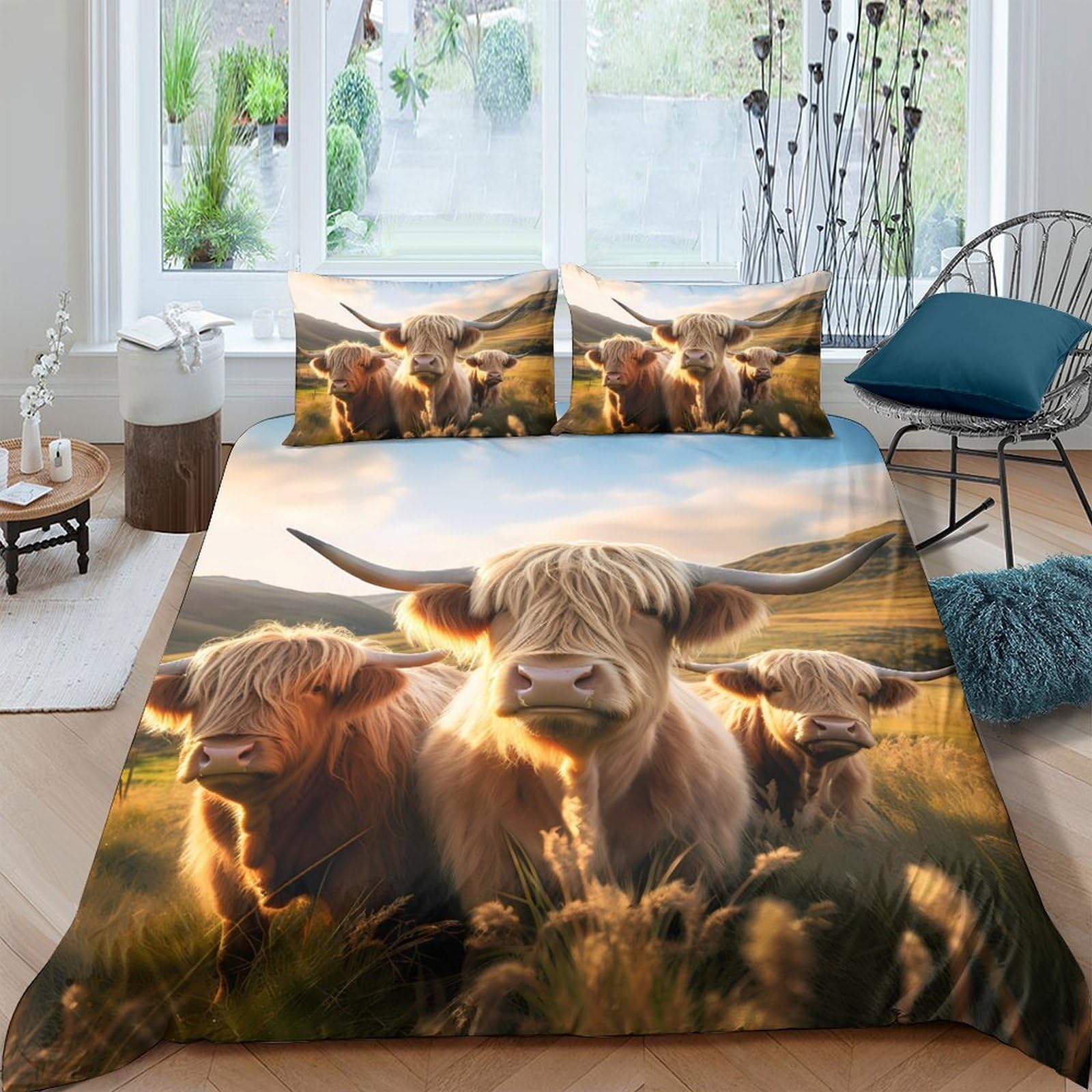 Ctjqhvkz Style-9 3D Printed Highland Cow Fitted Sheet Microfiber Soft Art Pasture Bed Cover For Bedroom Guestroom Mattress Decor Single（135X200cm）