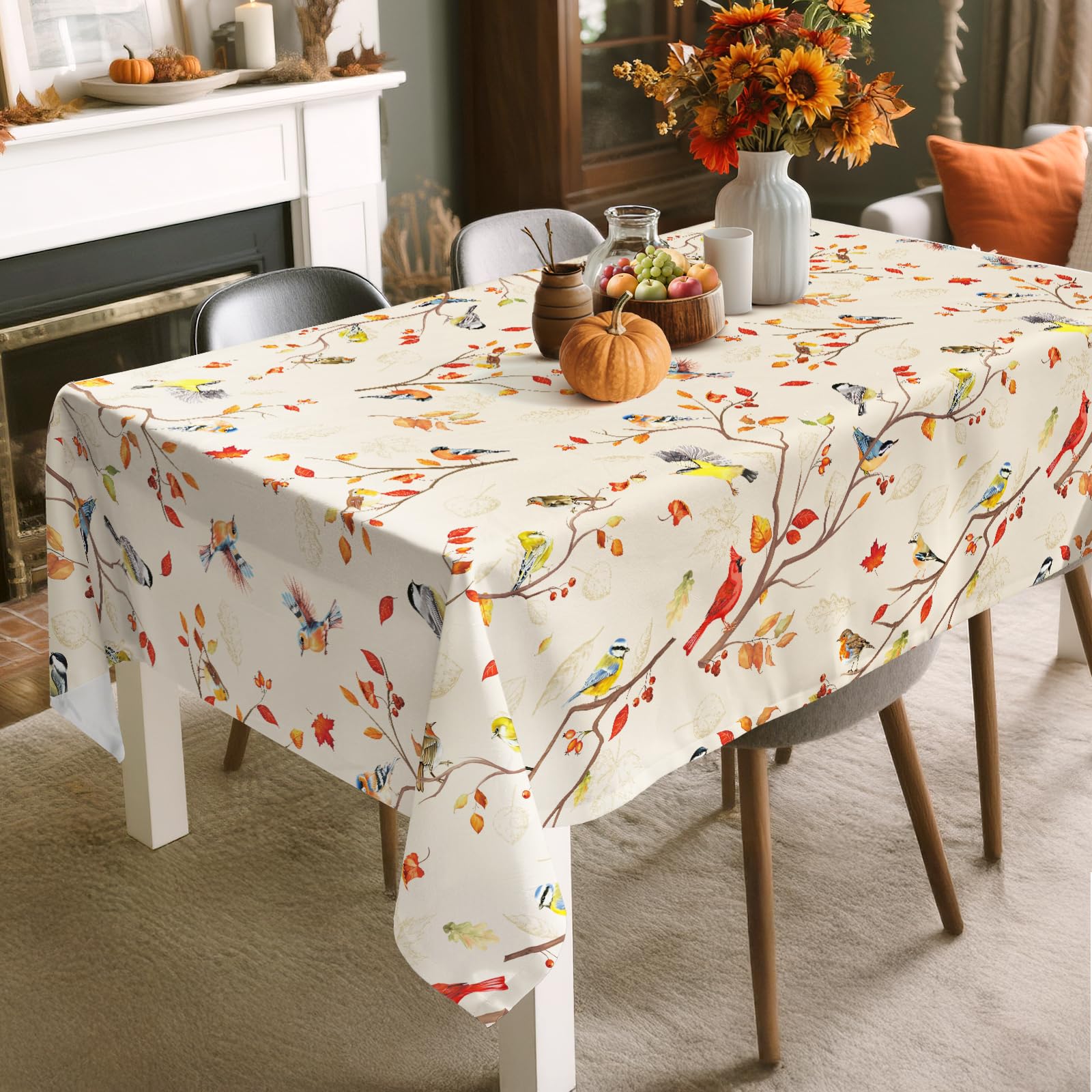 Arquiel Fall Bird Branch Tablecloth Waterproof, Maple Leaf Table Cloth Rectangle Stain Resistant - Image 4