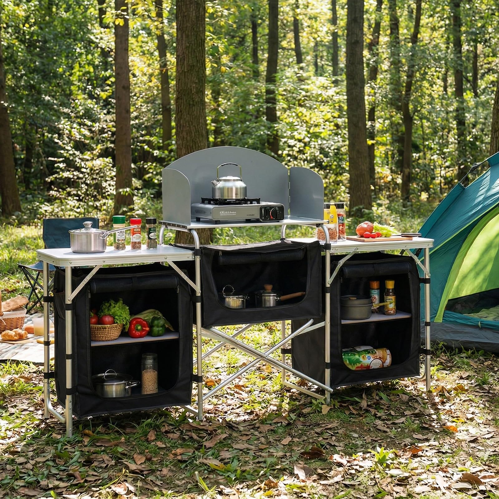 Sekey Campingküche Faltbar, Campingschrank mit Arbeitsplatte und Staufächern, Outdoor Küchenschrank mit Aluminiumgestell, Ink. Tragetasche, Mobile Schränke für Outdoorküche, Vorzelt, Wohnwagen