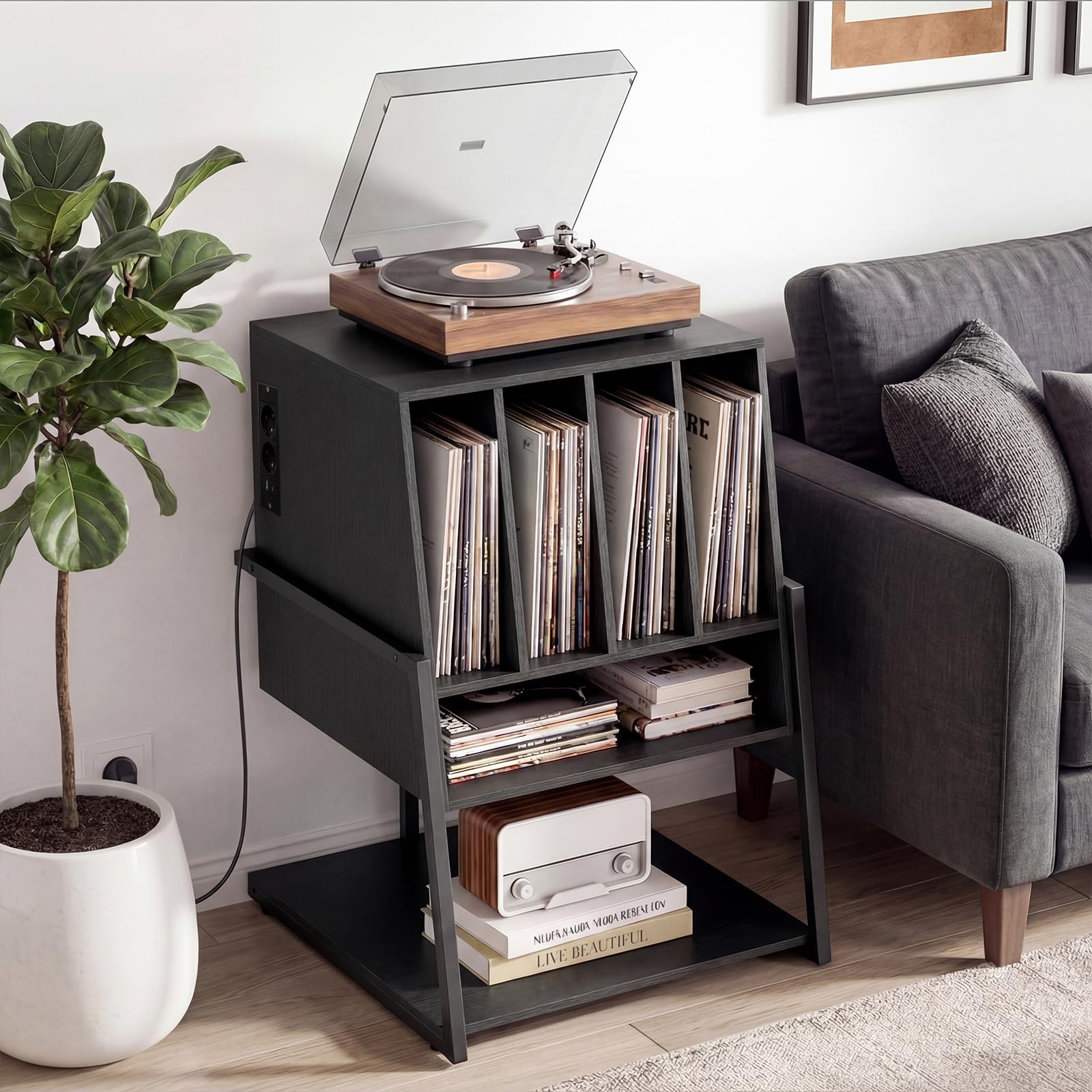 COSTWAY Meuble Platine Vinyle avec Prise, Meuble Rangement jusqu'à 180 Vinyle, 4 roulettes Inclus, Étagères, 5 Compartiments, Support Tourne Disque pour CD, DVD, Manga, Livres(avec Prise,Noir)